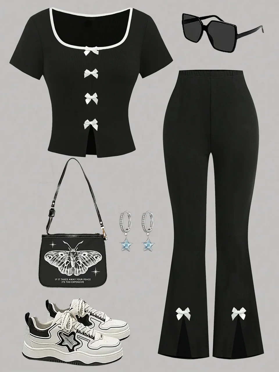 Girls Y2K Bow T-Shirt Flare Pants 2-Piece Set Summer