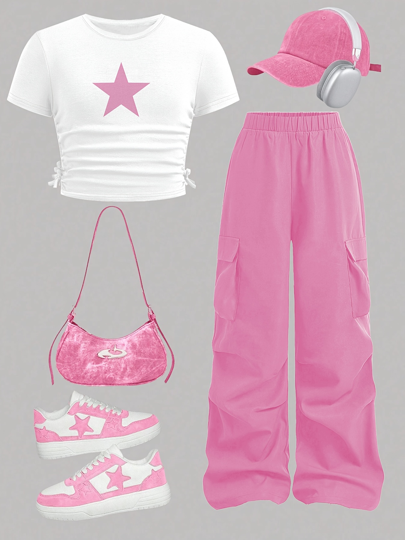 Girls Star Print T-Shirt Wide Leg Pants 2-Piece Set Summer - 图片 28