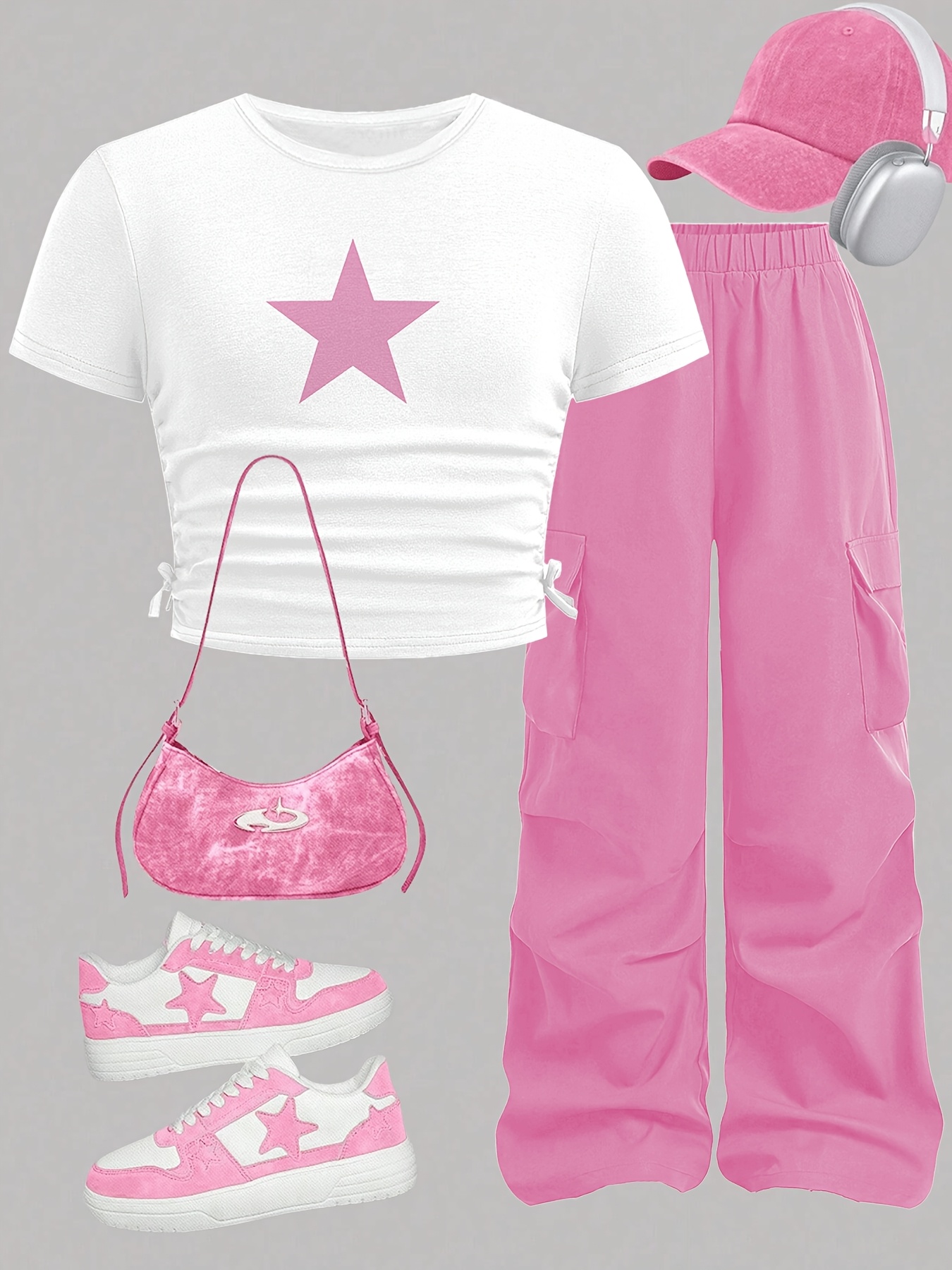 Girls Star Print T-Shirt Wide Leg Pants 2-Piece Set Summer - 图片 30