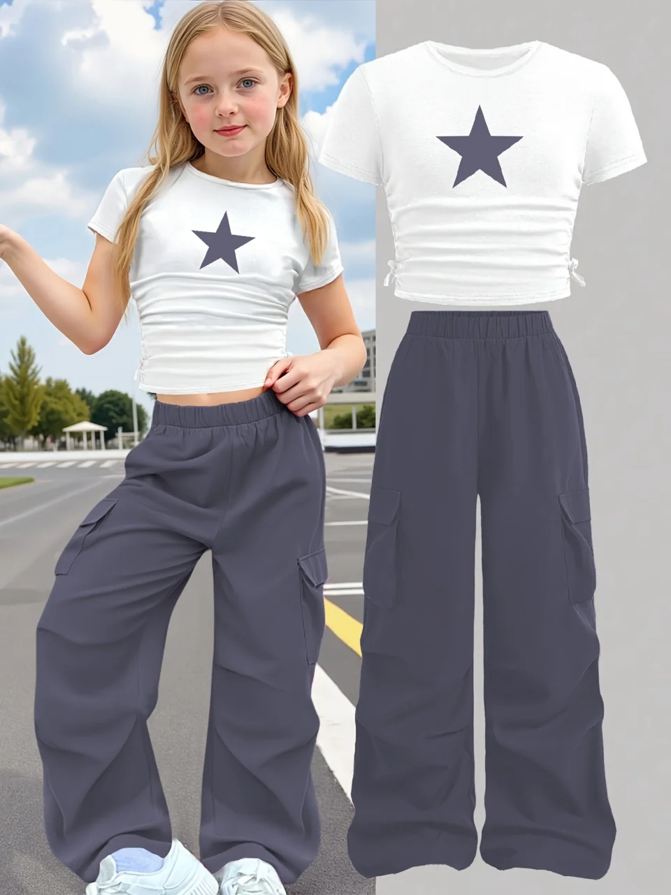 Girls Star Print T-Shirt Wide Leg Pants 2-Piece Set Summer