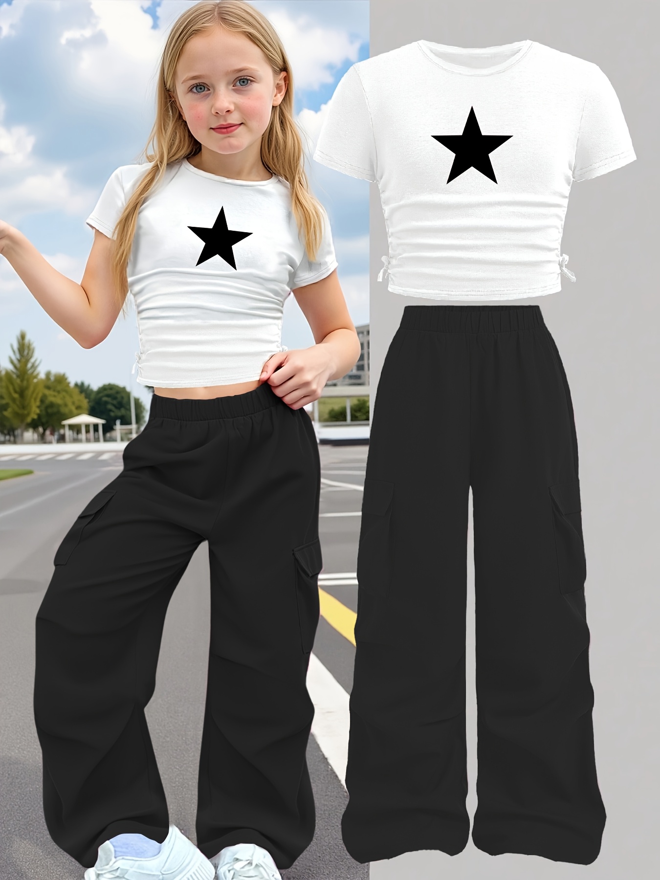 Girls Star Print T-Shirt Wide Leg Pants 2-Piece Set Summer - 图片 6