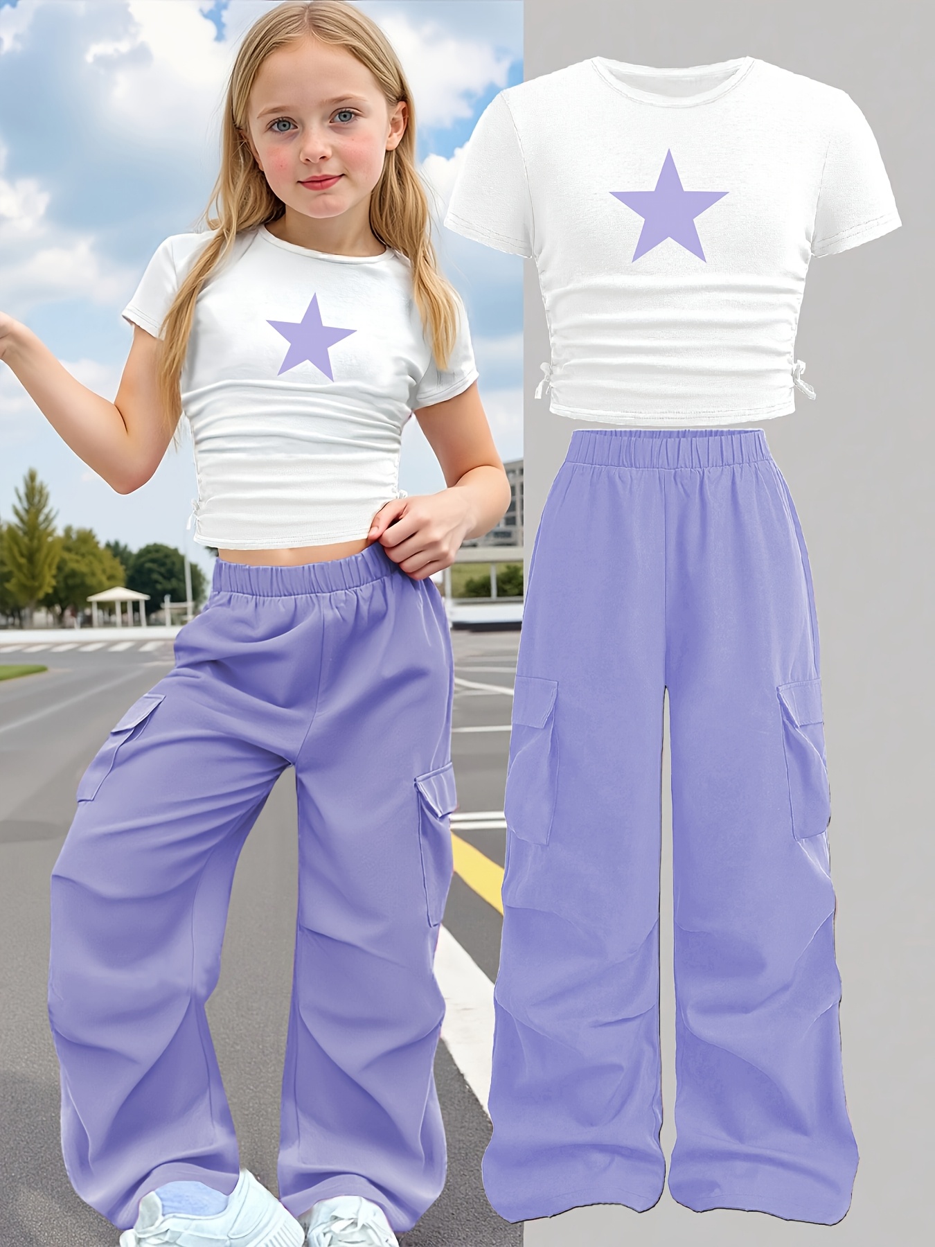 Girls Star Print T-Shirt Wide Leg Pants 2-Piece Set Summer - 图片 4