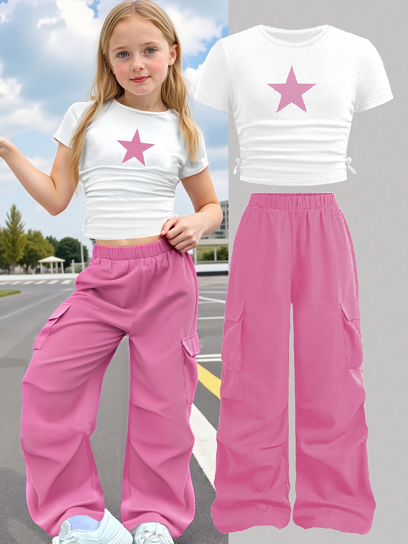 Girls Star Print T-Shirt Wide Leg Pants 2-Piece Set Summer - 图片 7