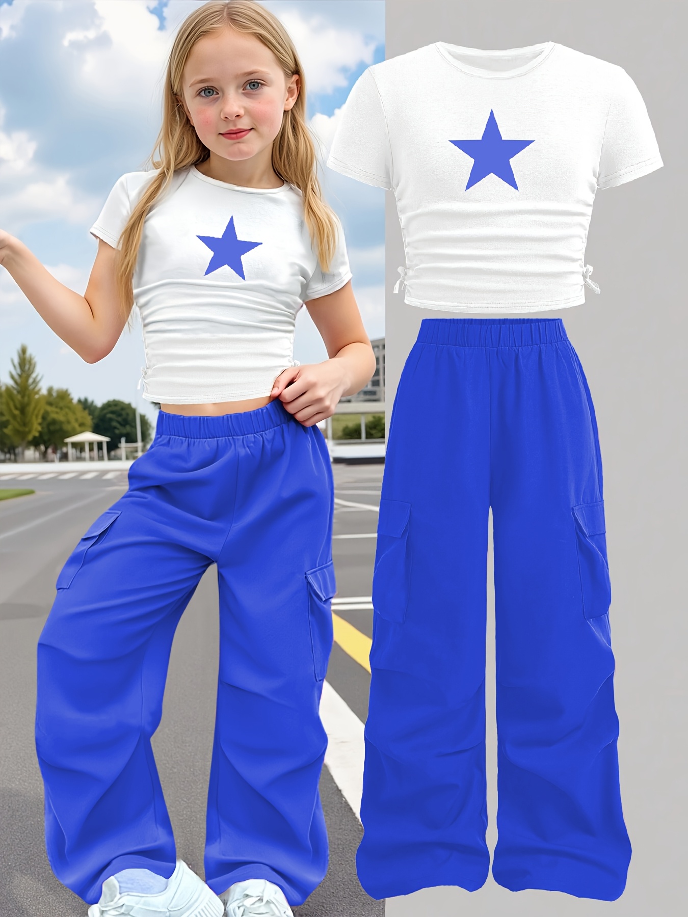 Girls Star Print T-Shirt Wide Leg Pants 2-Piece Set Summer - 图片 2