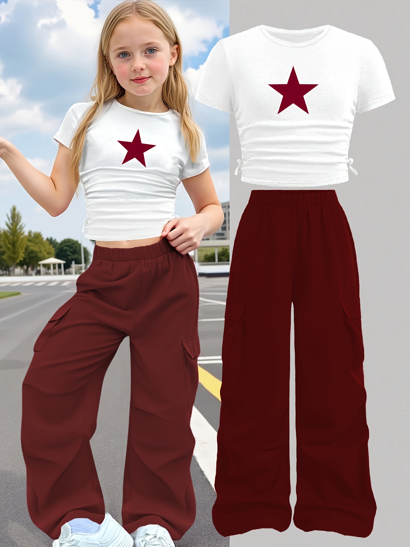 Girls Star Print T-Shirt Wide Leg Pants 2-Piece Set Summer - 图片 3