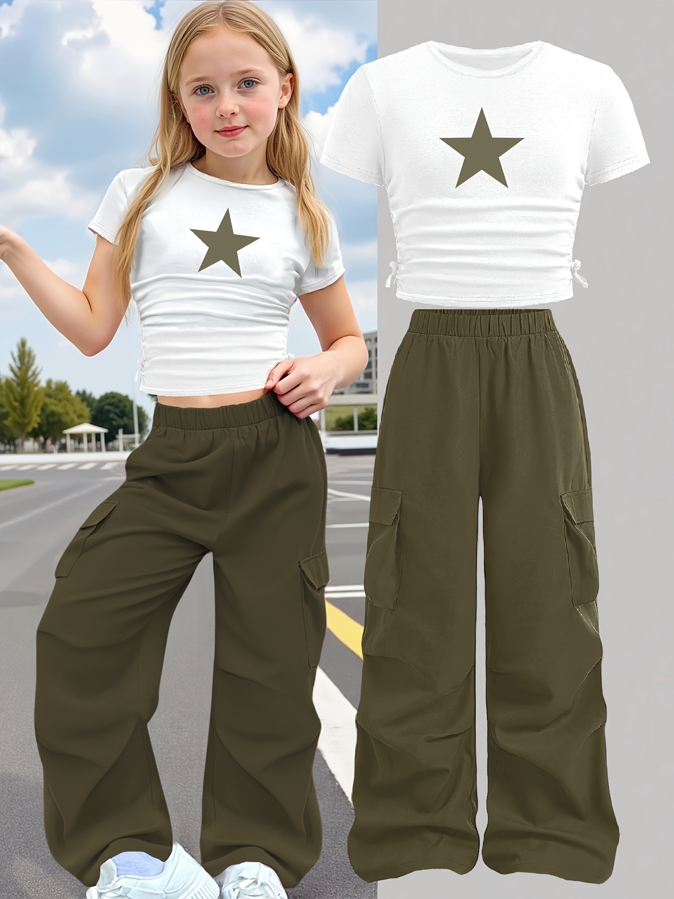 Girls Star Print T-Shirt Wide Leg Pants 2-Piece Set Summer - 图片 5