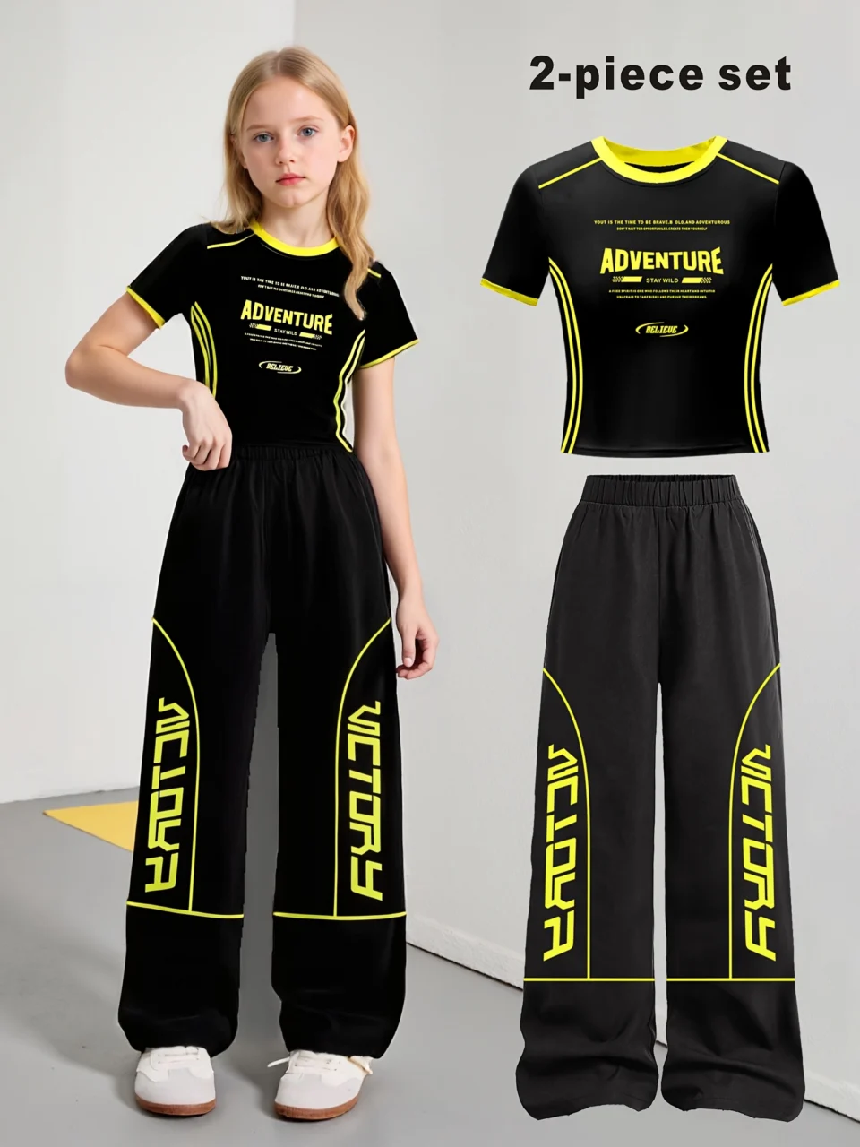 Girls Y2K Letter Print T-Shirt Wide Leg Pants 2-Piece Set Spring Summer