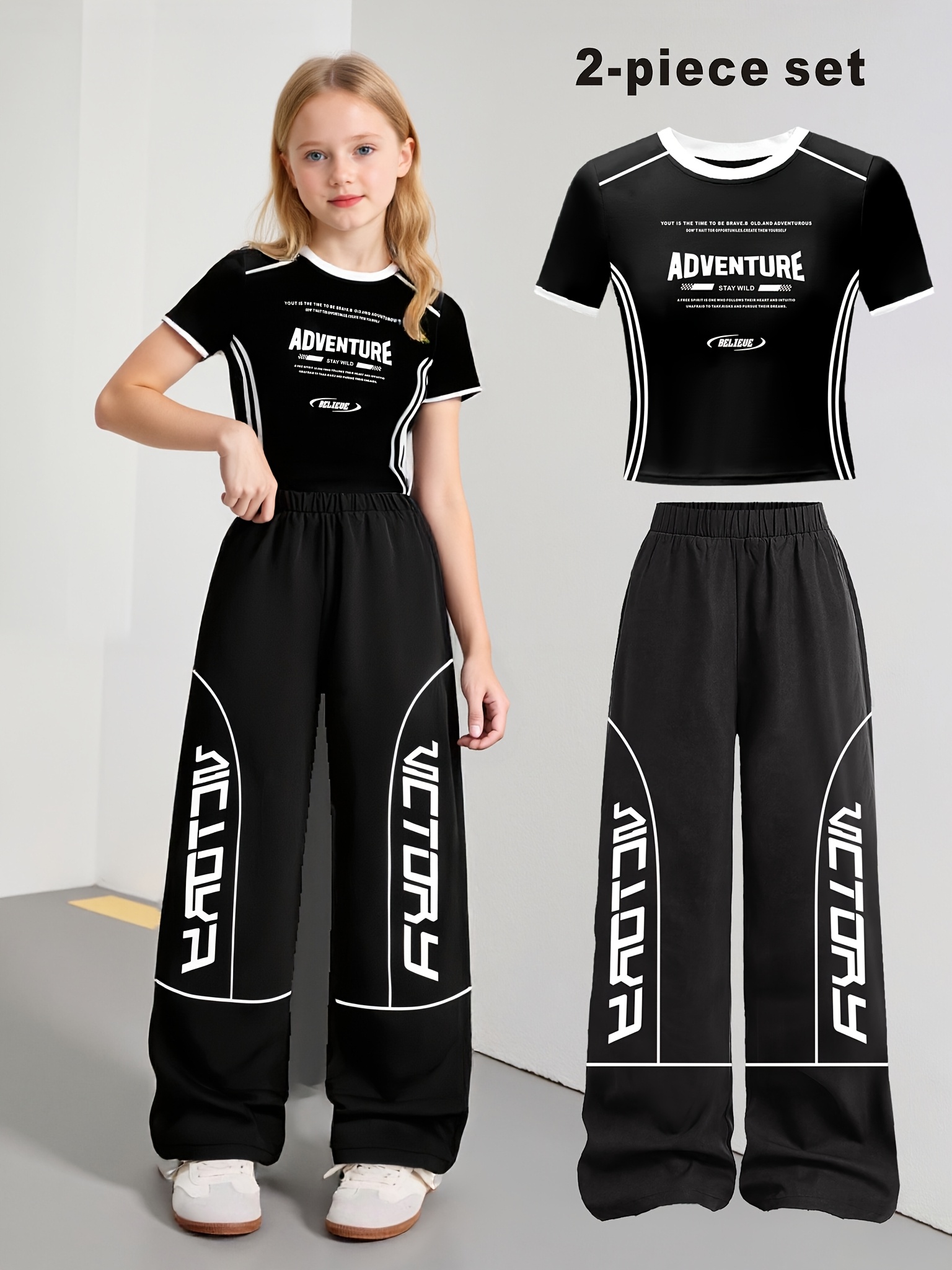 Girls Y2K Letter Print T-Shirt Wide Leg Pants 2-Piece Set Spring Summer - 图片 2