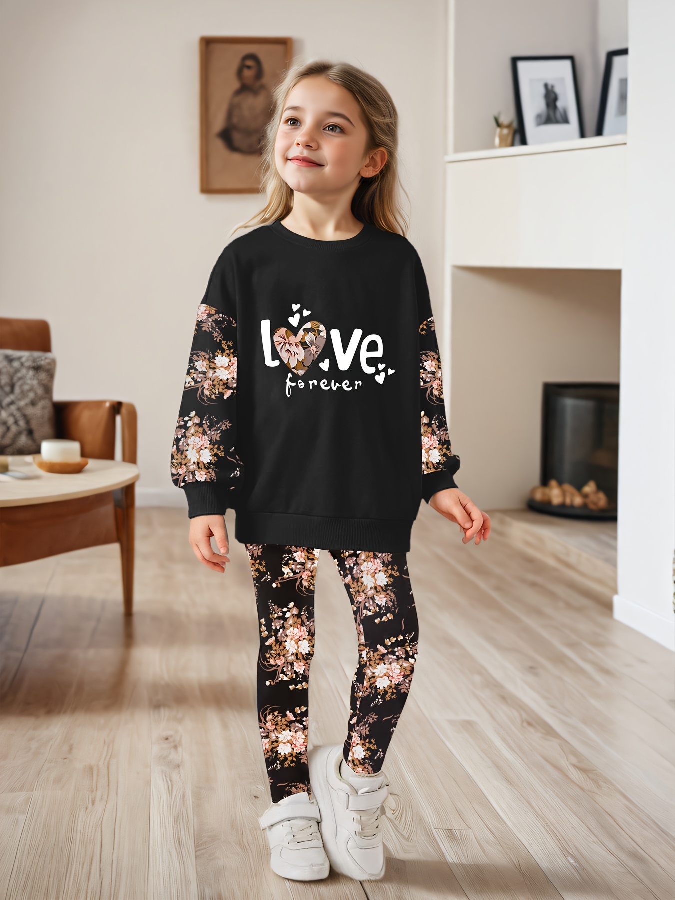 Girls Floral Graphic Sweatshirt Leggings 2-Piece Set Fall - 图片 2