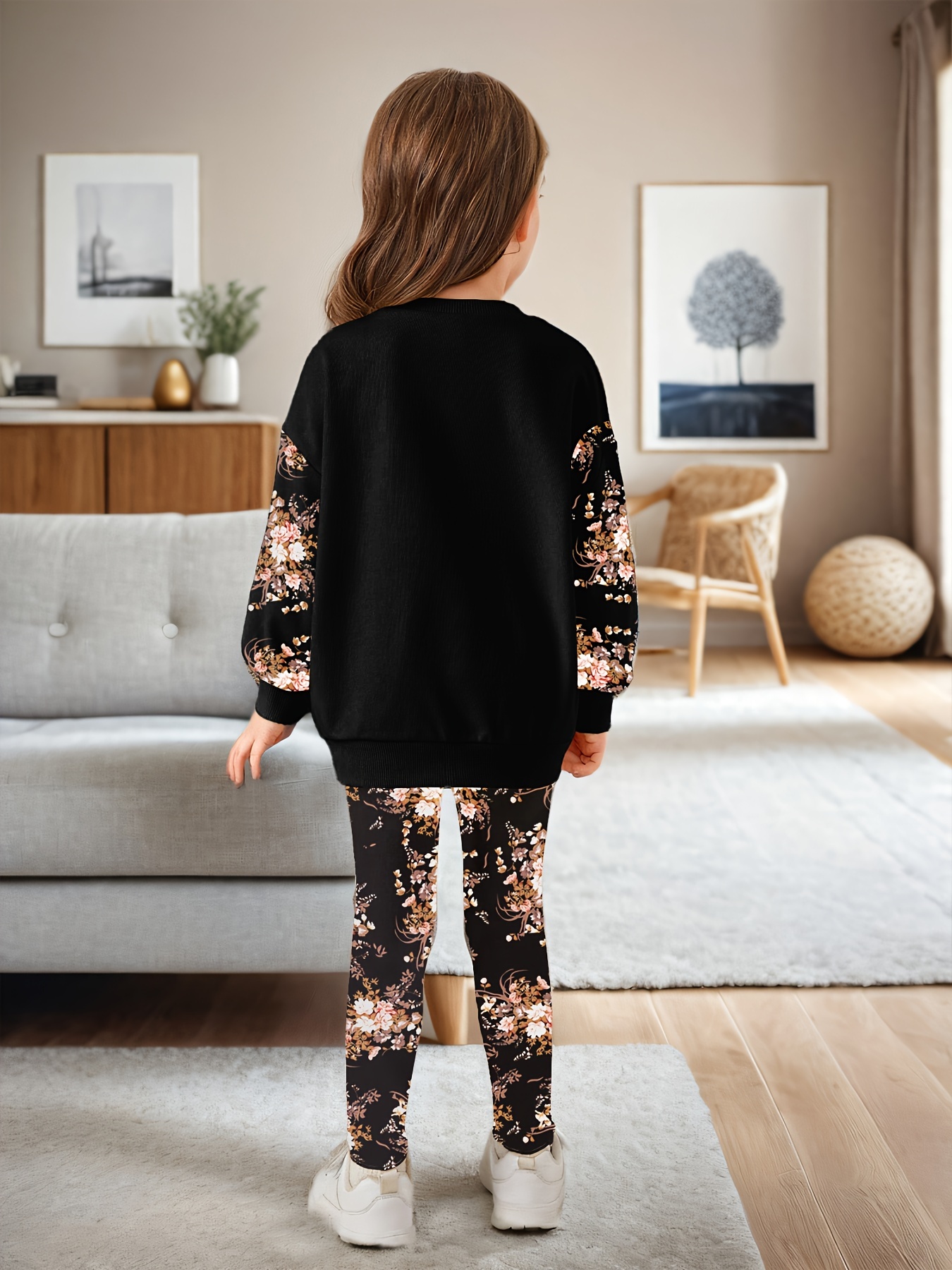 Girls Floral Graphic Sweatshirt Leggings 2-Piece Set Fall - 图片 4
