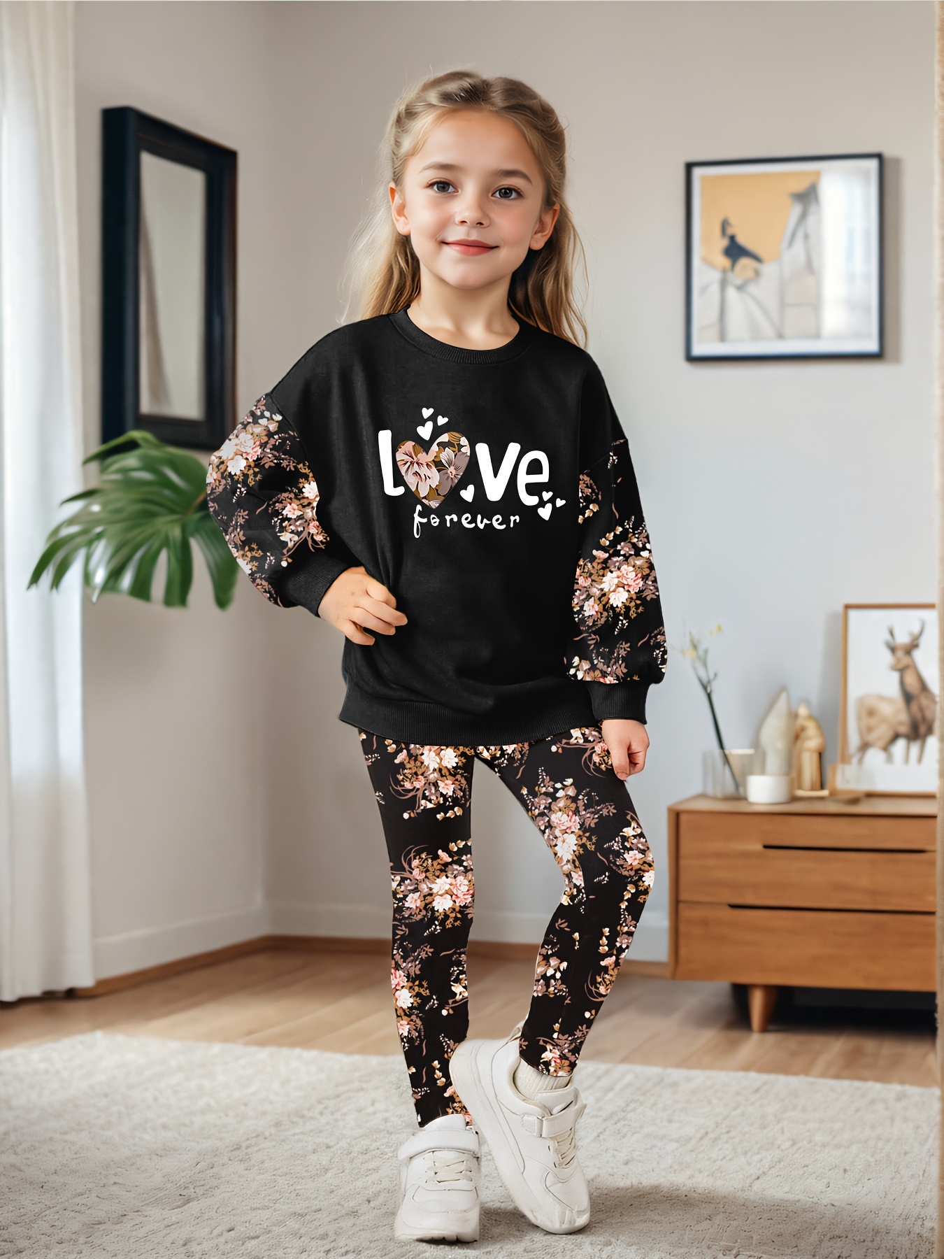 Girls Floral Graphic Sweatshirt Leggings 2-Piece Set Fall - 图片 5