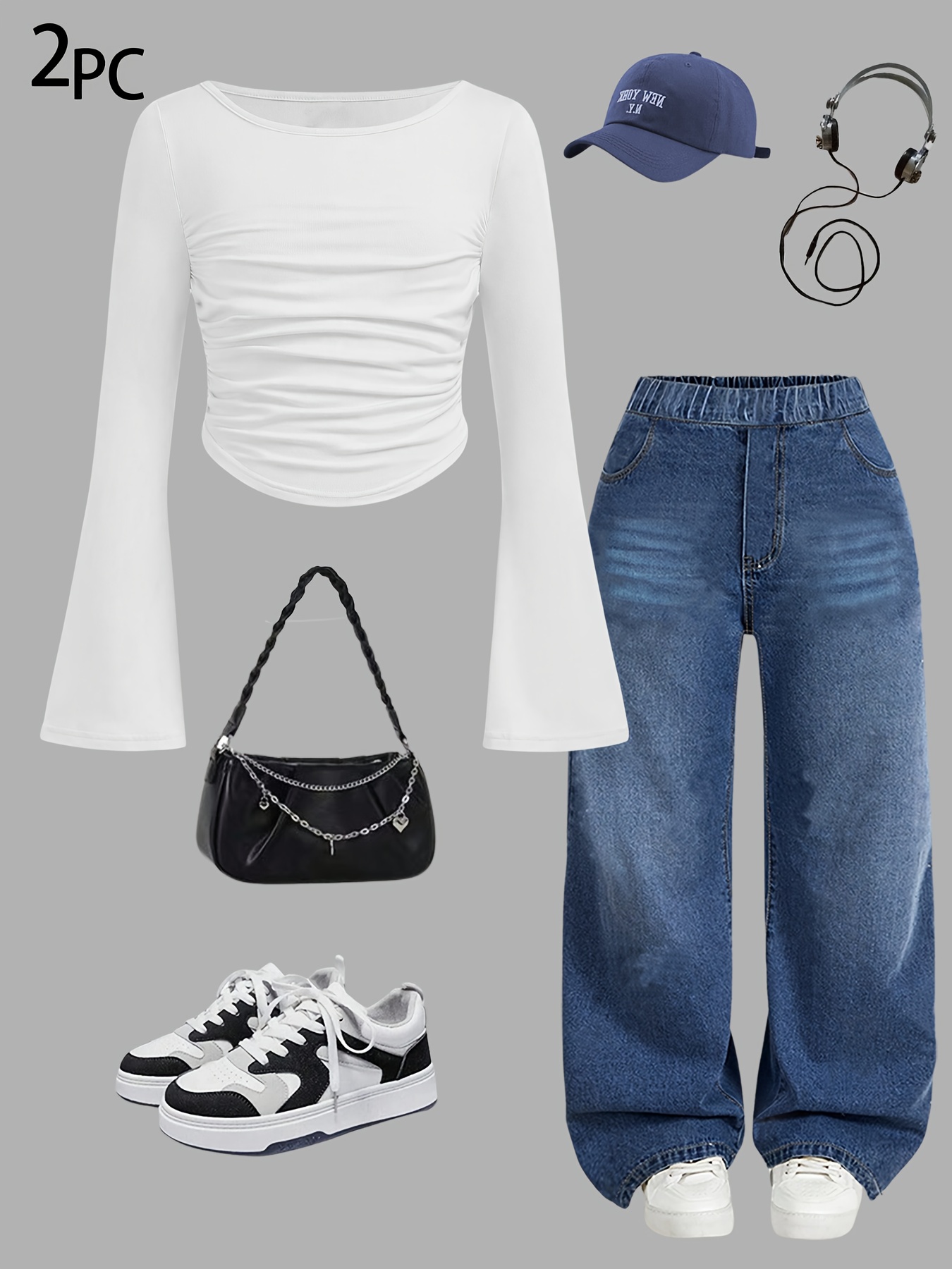 Girls Flare Sleeve Washed Denim Long Sleeve Top Wide Leg Jeans 2-Piece Set Fall - 图片 2