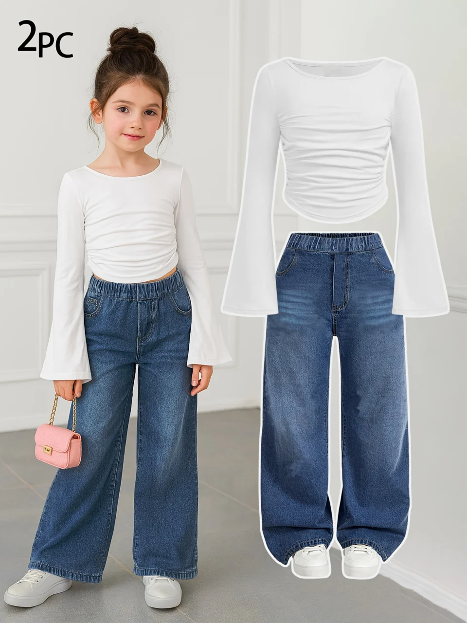 Girls Flare Sleeve Washed Denim Long Sleeve Top Wide Leg Jeans 2-Piece Set Fall