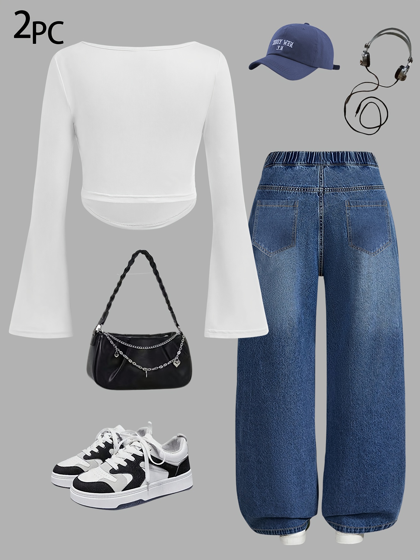 Girls Flare Sleeve Washed Denim Long Sleeve Top Wide Leg Jeans 2-Piece Set Fall - 图片 3