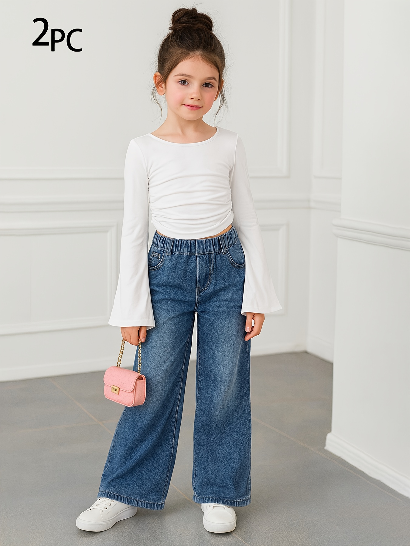 Girls Flare Sleeve Washed Denim Long Sleeve Top Wide Leg Jeans 2-Piece Set Fall - 图片 4