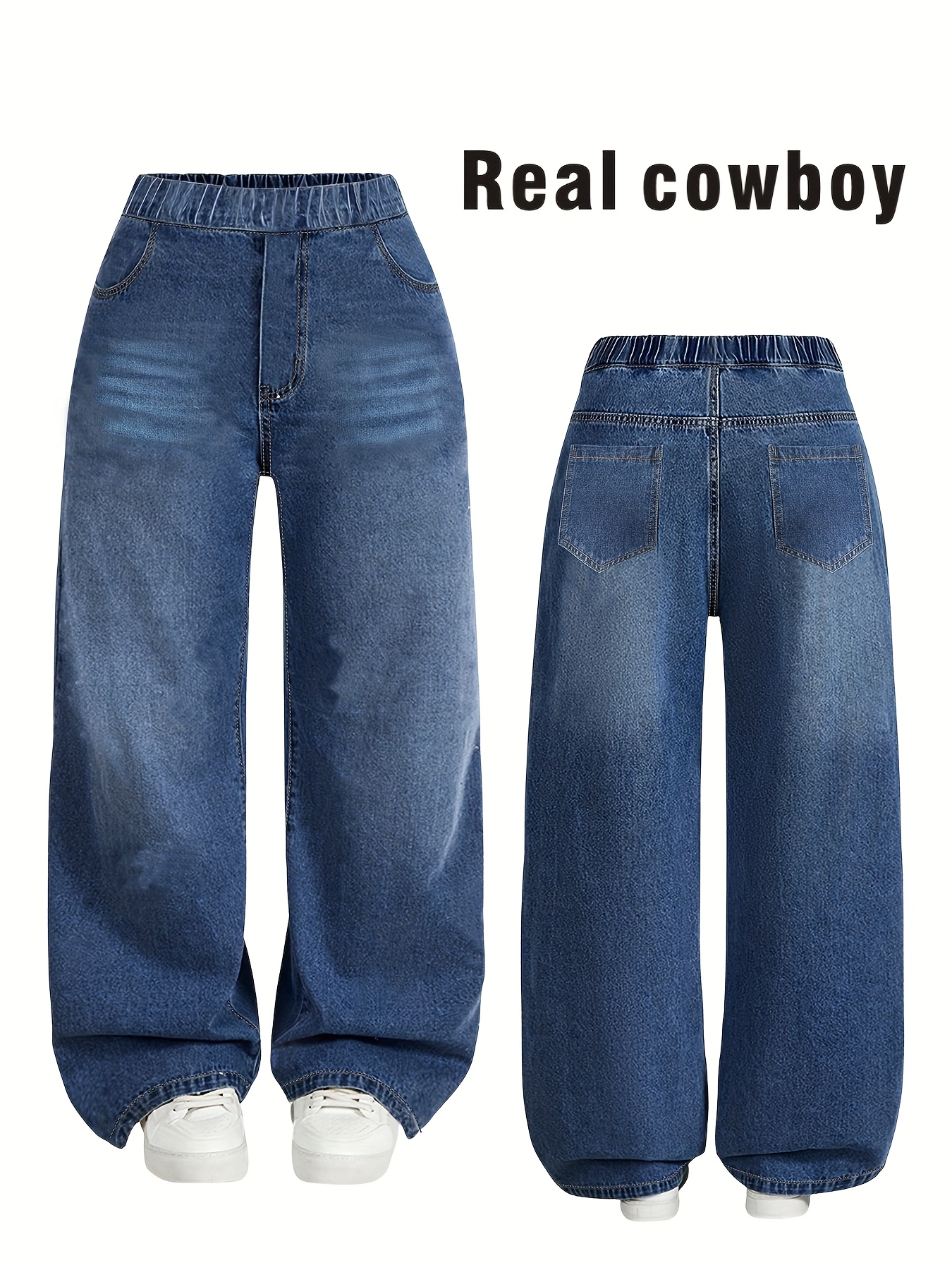 Girls Washed Denim Wide Leg Jeans Fall - 图片 4
