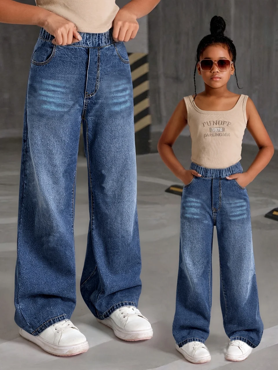 Girls Washed Denim Wide Leg Jeans Fall