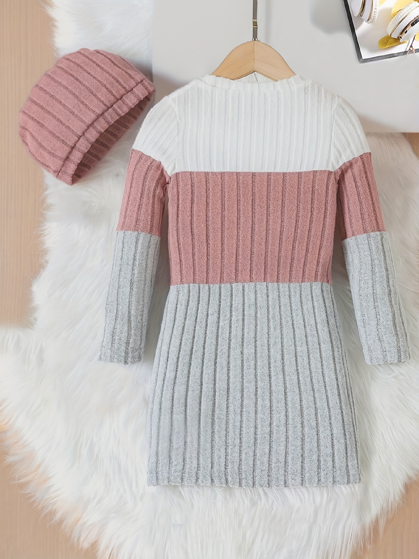 Girls Colorblock Ribbed Sweater Dress Fall - 图片 8