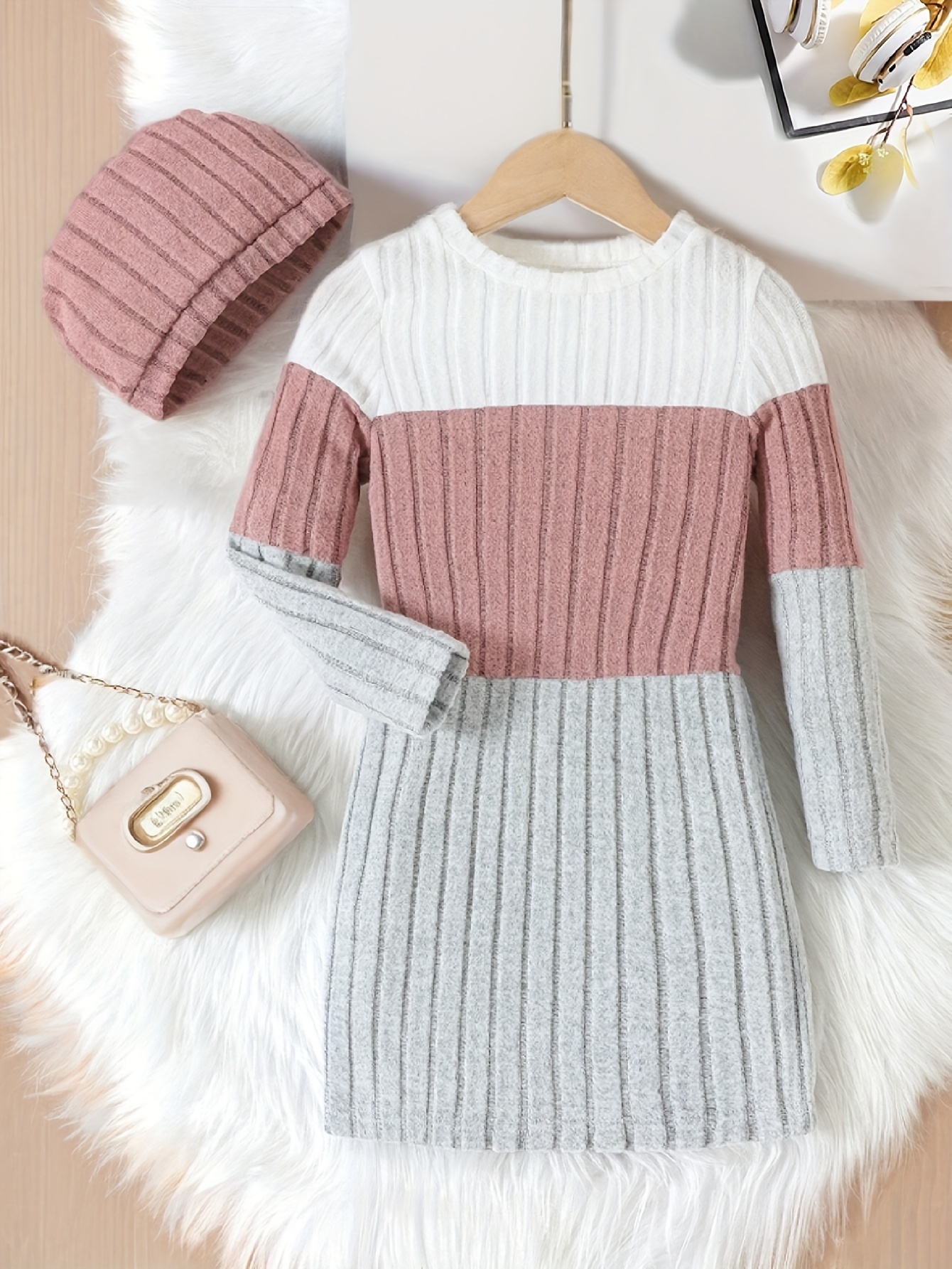 Girls Colorblock Ribbed Sweater Dress Fall - 图片 2