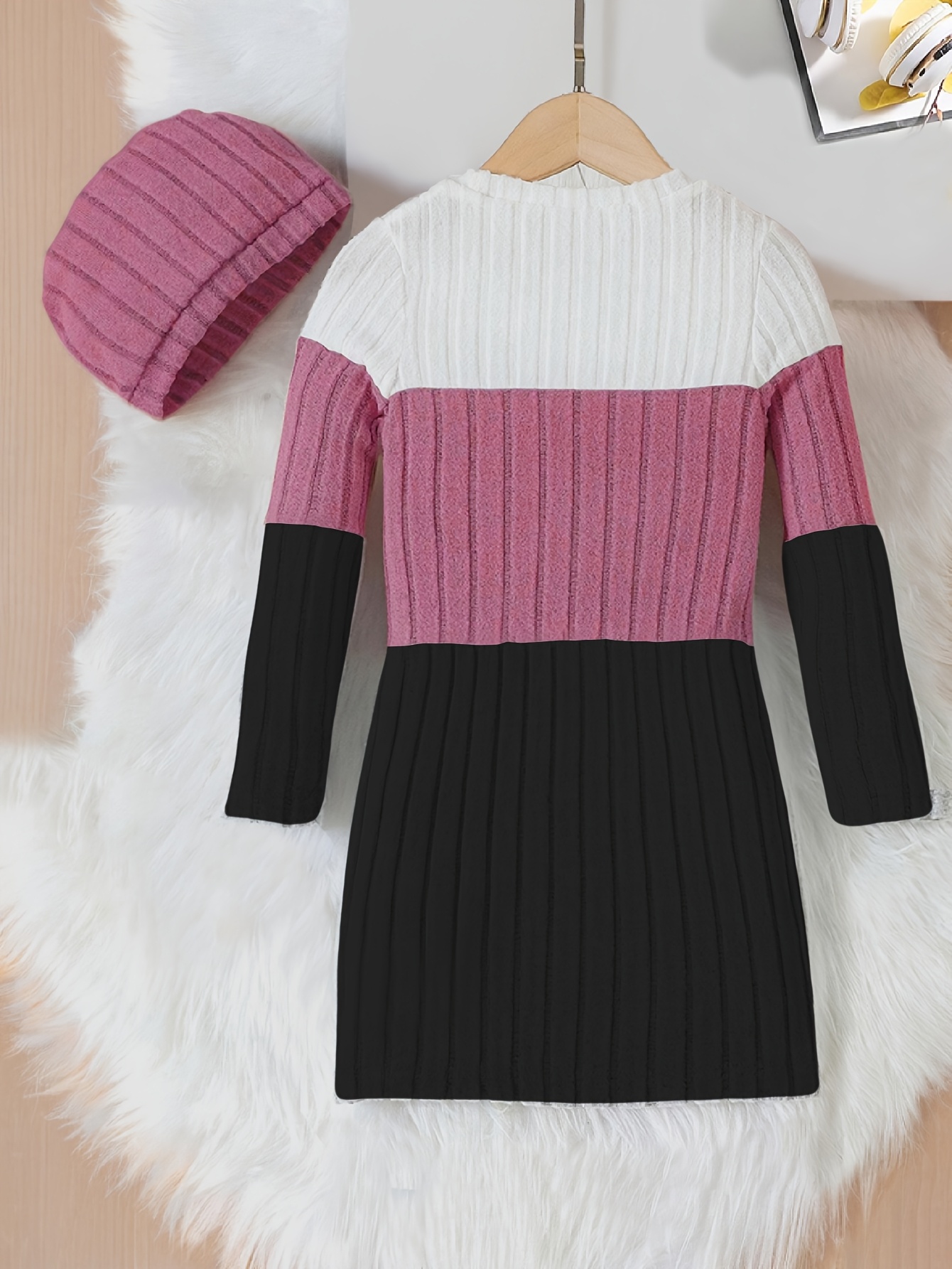 Girls Colorblock Ribbed Sweater Dress Fall - 图片 3