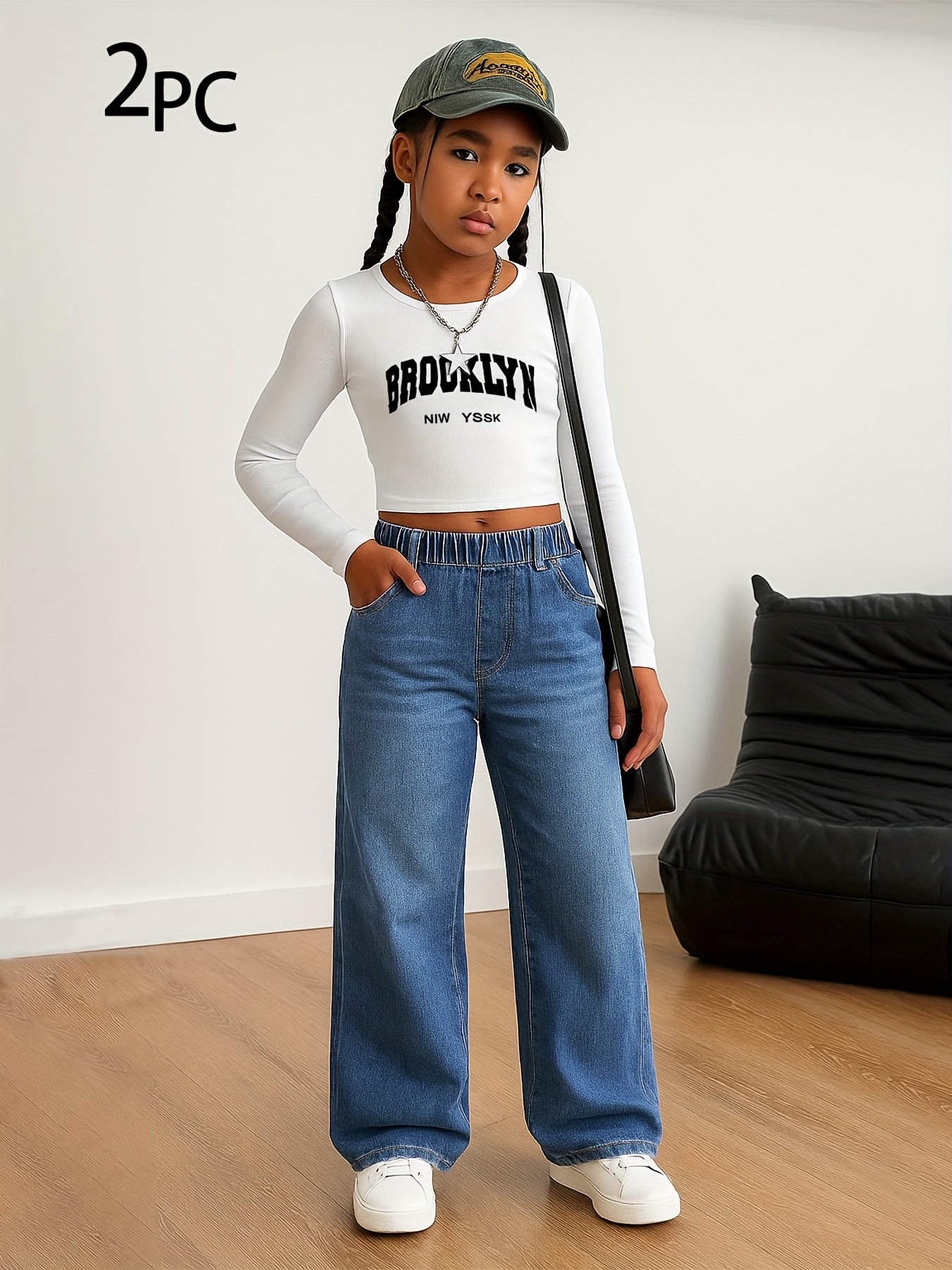 Girls Washed Denim Long Sleeve Top Wide Leg Jeans 2-Piece Set Fall - 图片 4
