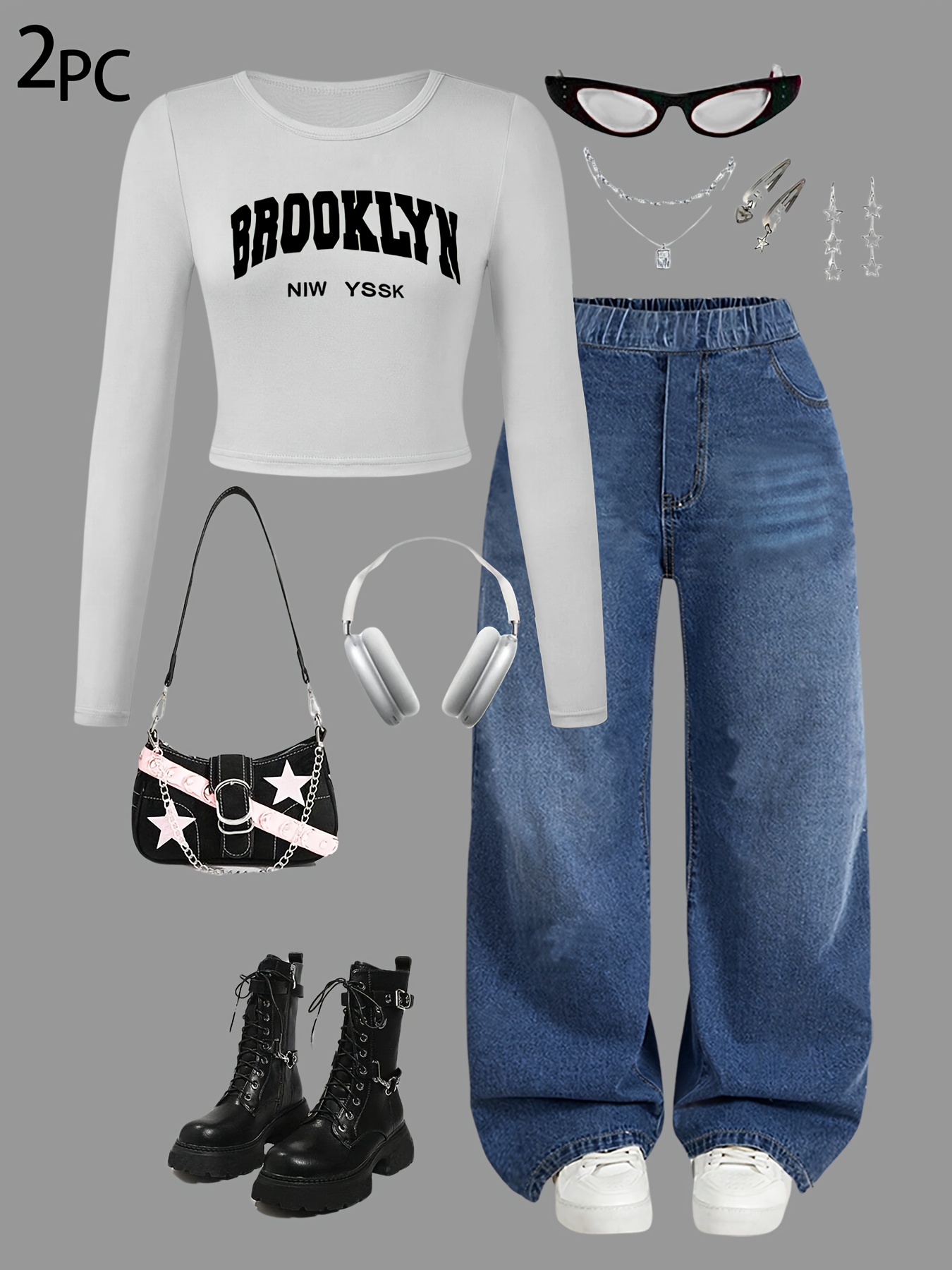 Girls Washed Denim Long Sleeve Top Wide Leg Jeans 2-Piece Set Fall - 图片 3