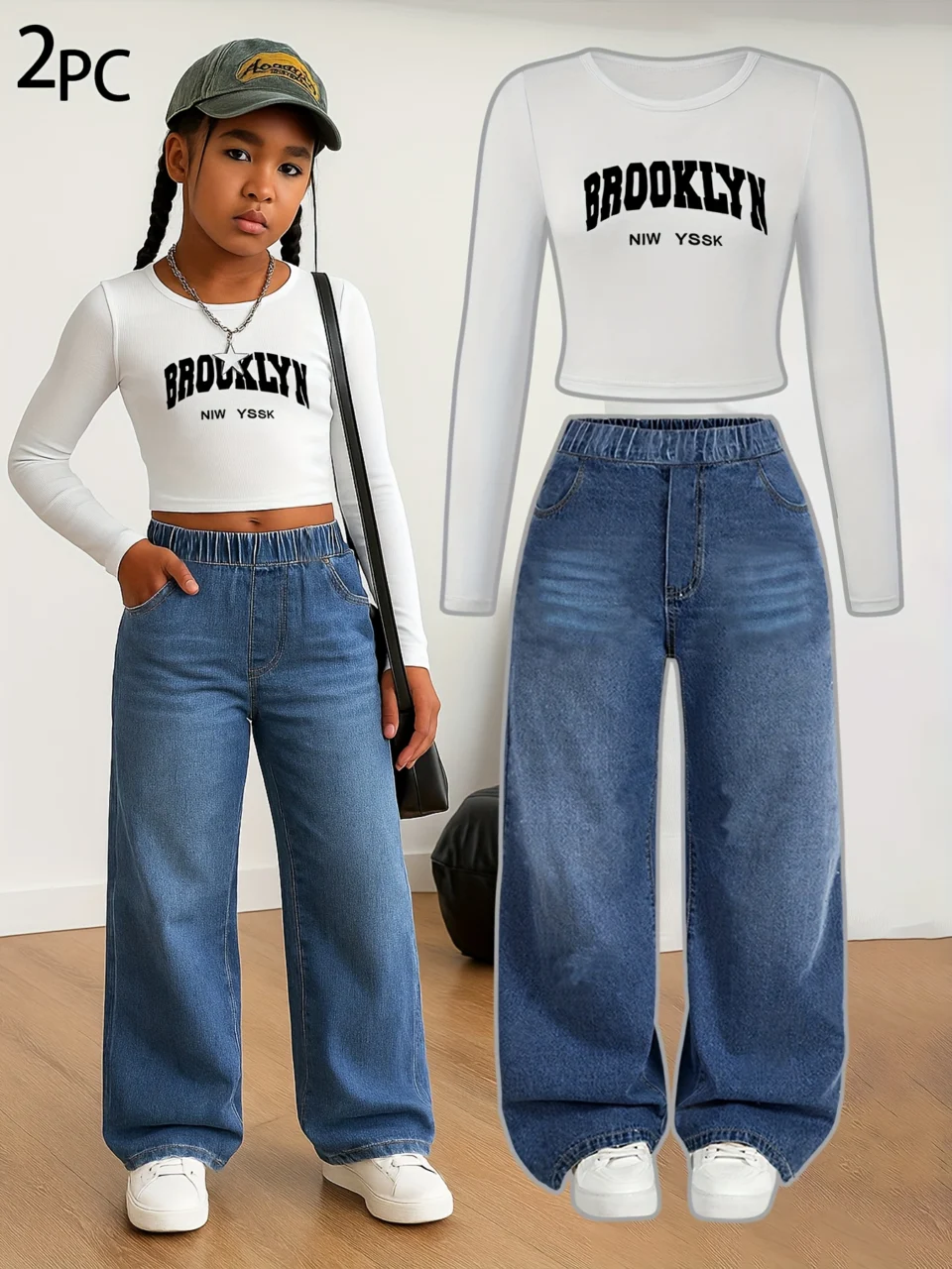 Girls Washed Denim Long Sleeve Top Wide Leg Jeans 2-Piece Set Fall