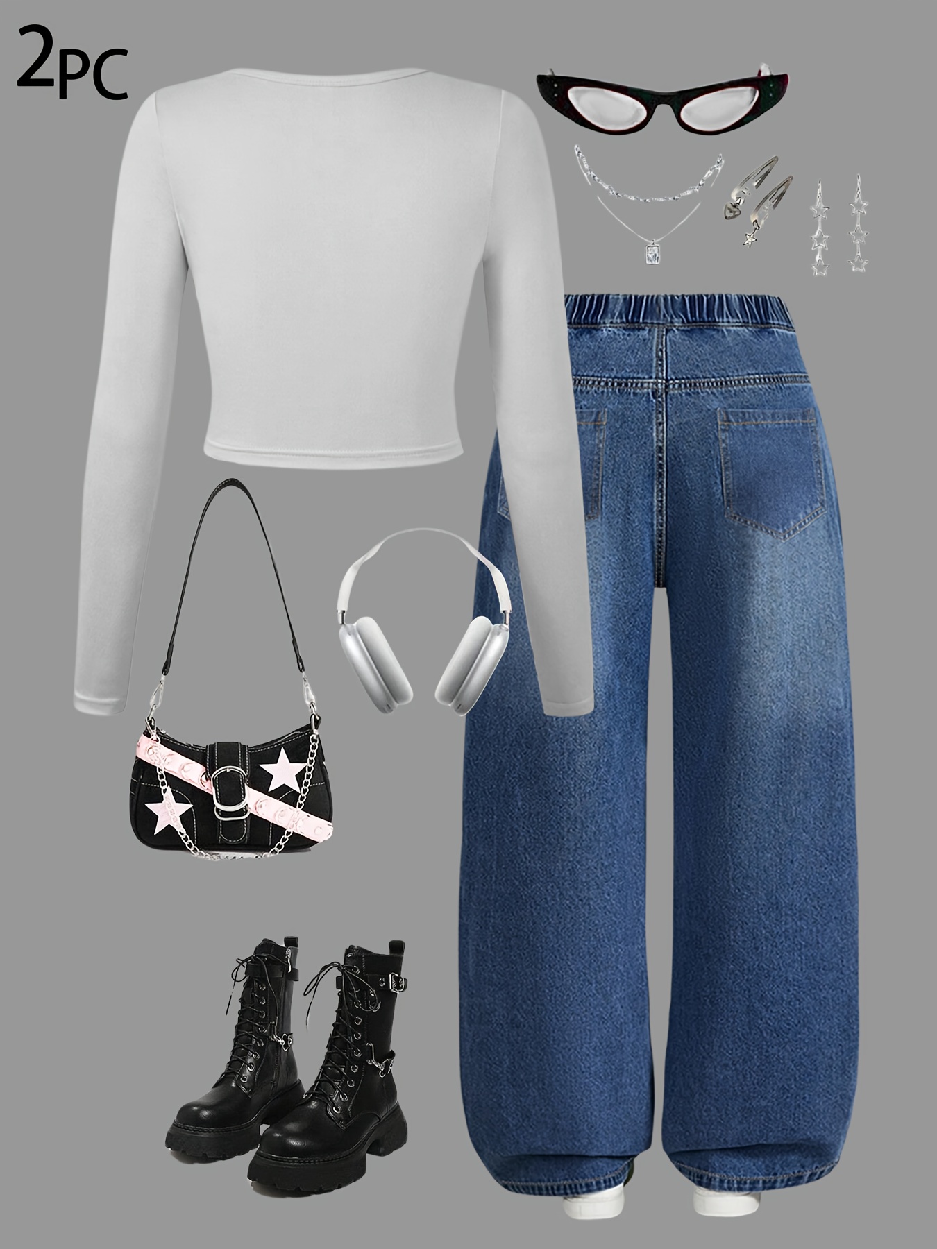 Girls Washed Denim Long Sleeve Top Wide Leg Jeans 2-Piece Set Fall - 图片 2