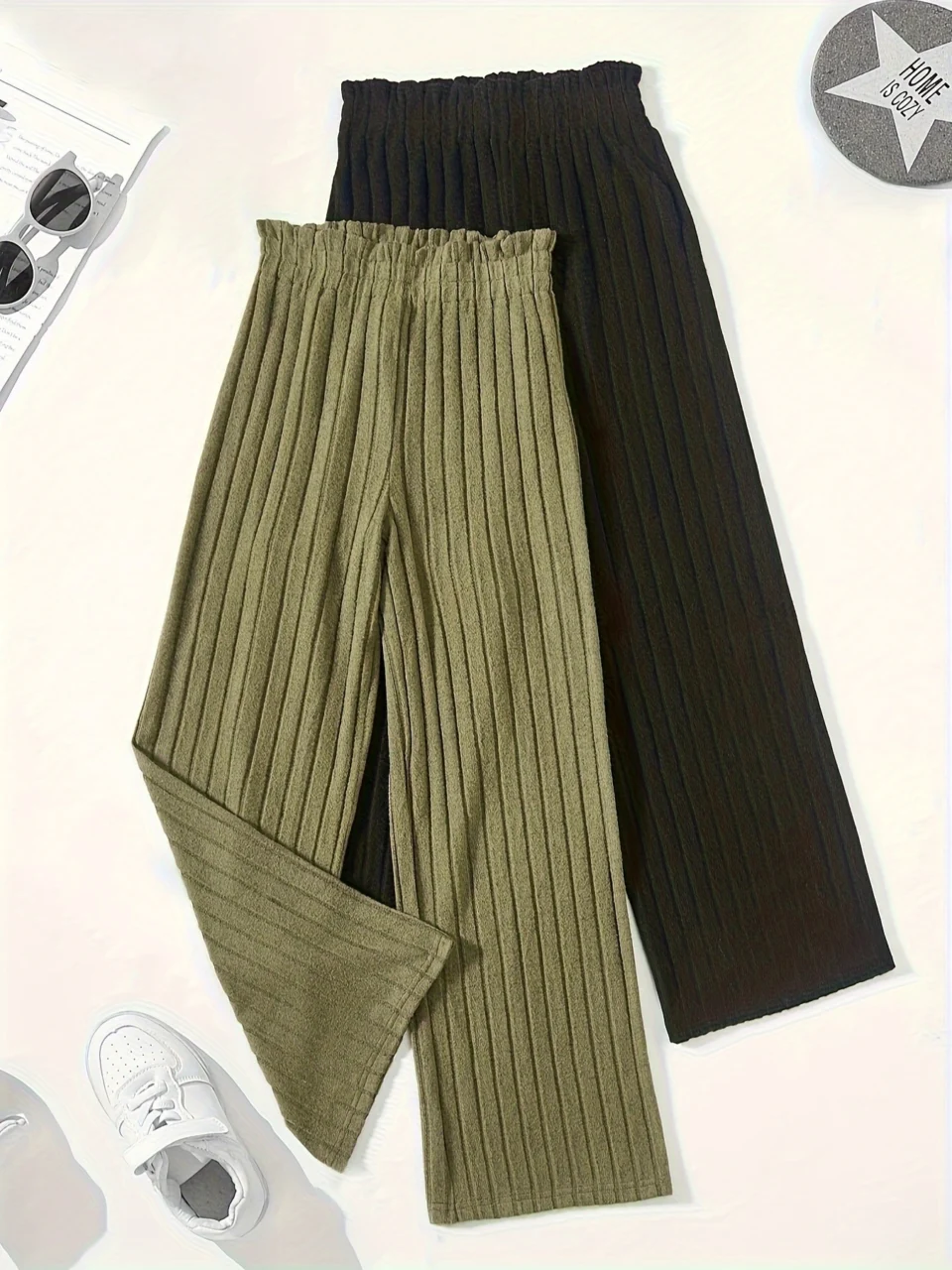 Girls Ribbed Solid Wide Leg Pants All Season