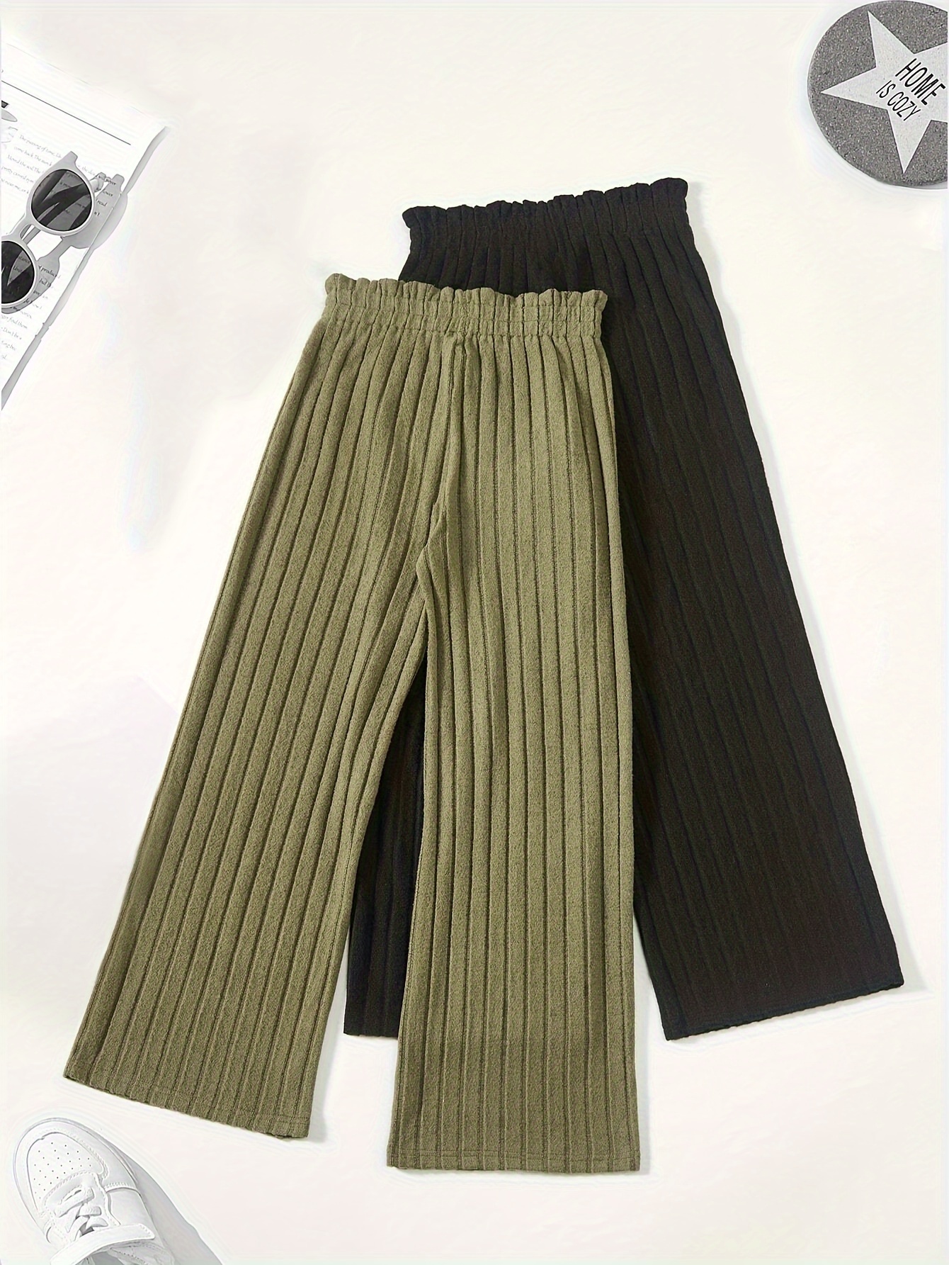 Girls Ribbed Solid Wide Leg Pants All Season - 图片 2