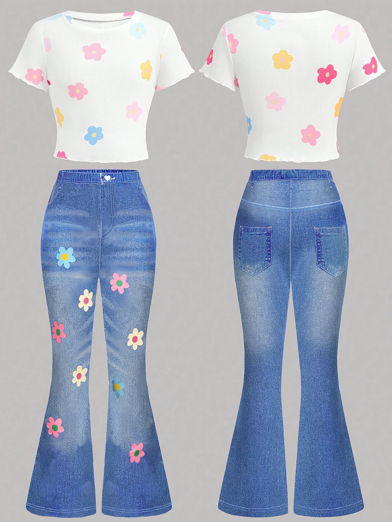 Girls Floral Denim Print T-Shirt Flare Pants 2-Piece Set Summer - 图片 3
