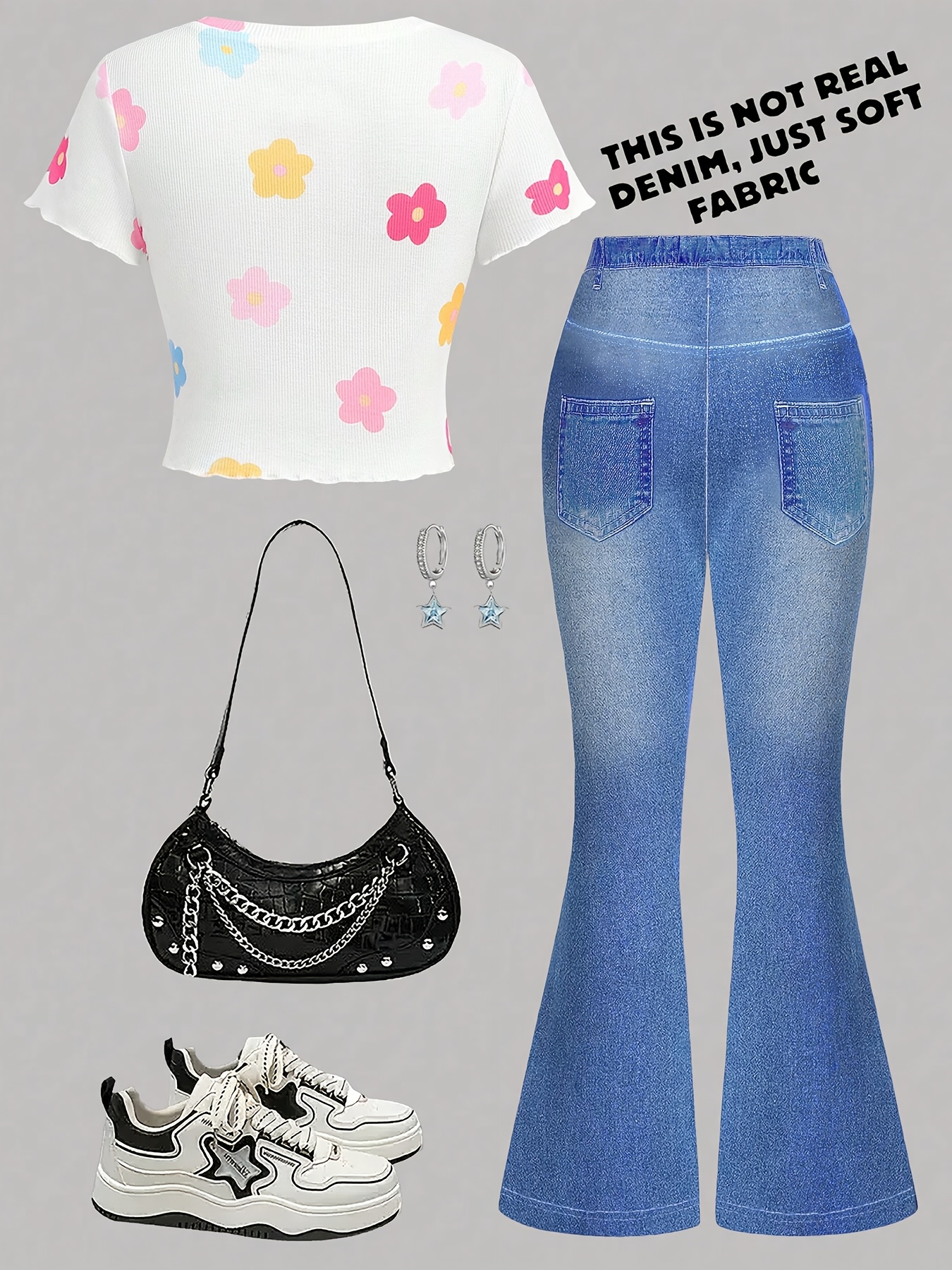 Girls Floral Denim Print T-Shirt Flare Pants 2-Piece Set Summer - 图片 2