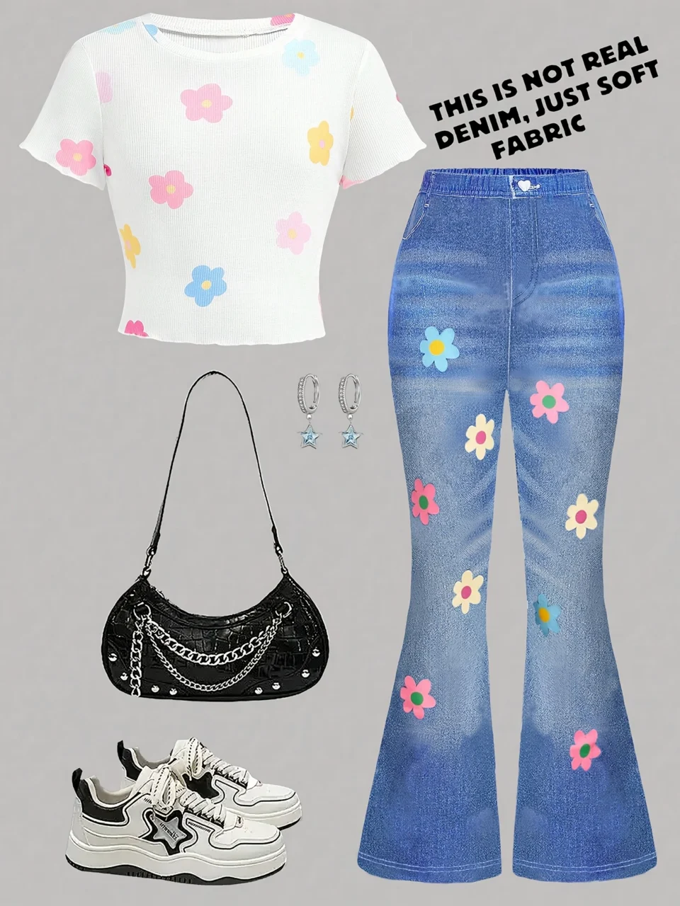 Girls Floral Denim Print T-Shirt Flare Pants 2-Piece Set Summer