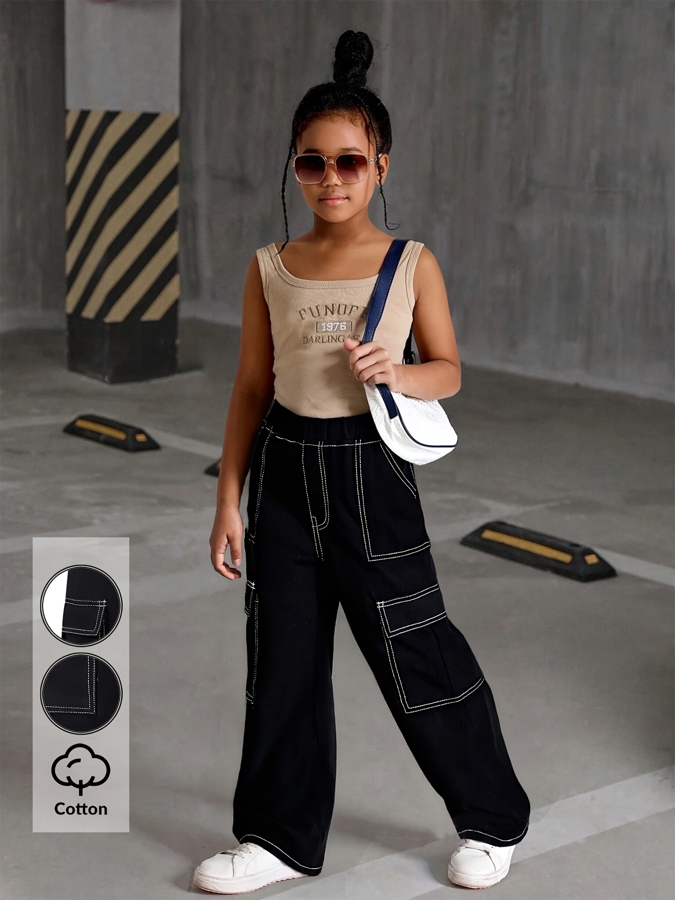 Girls Y2K Patch Pocket Cargo Jeans All Season - 图片 5