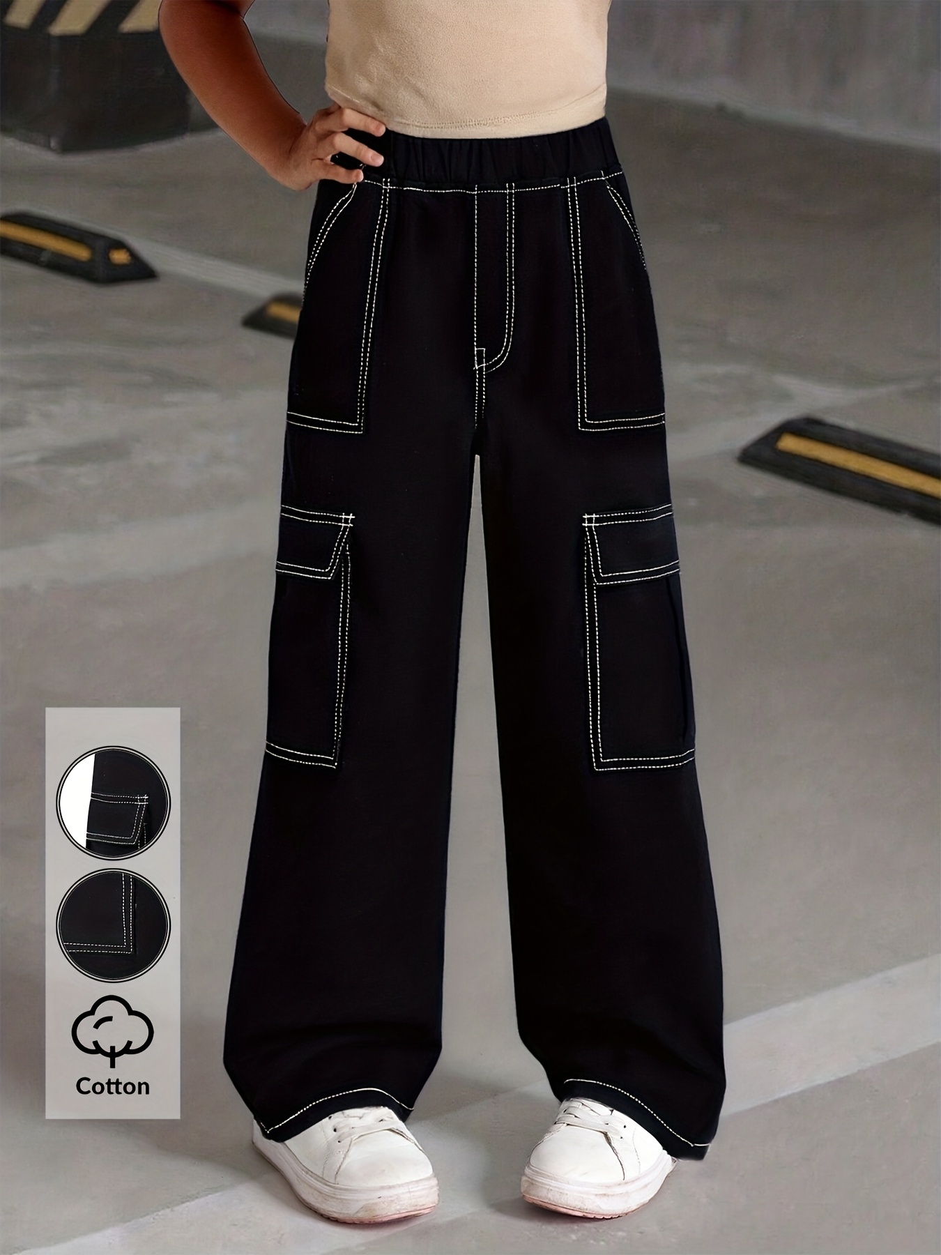 Girls Y2K Patch Pocket Cargo Jeans All Season - 图片 6