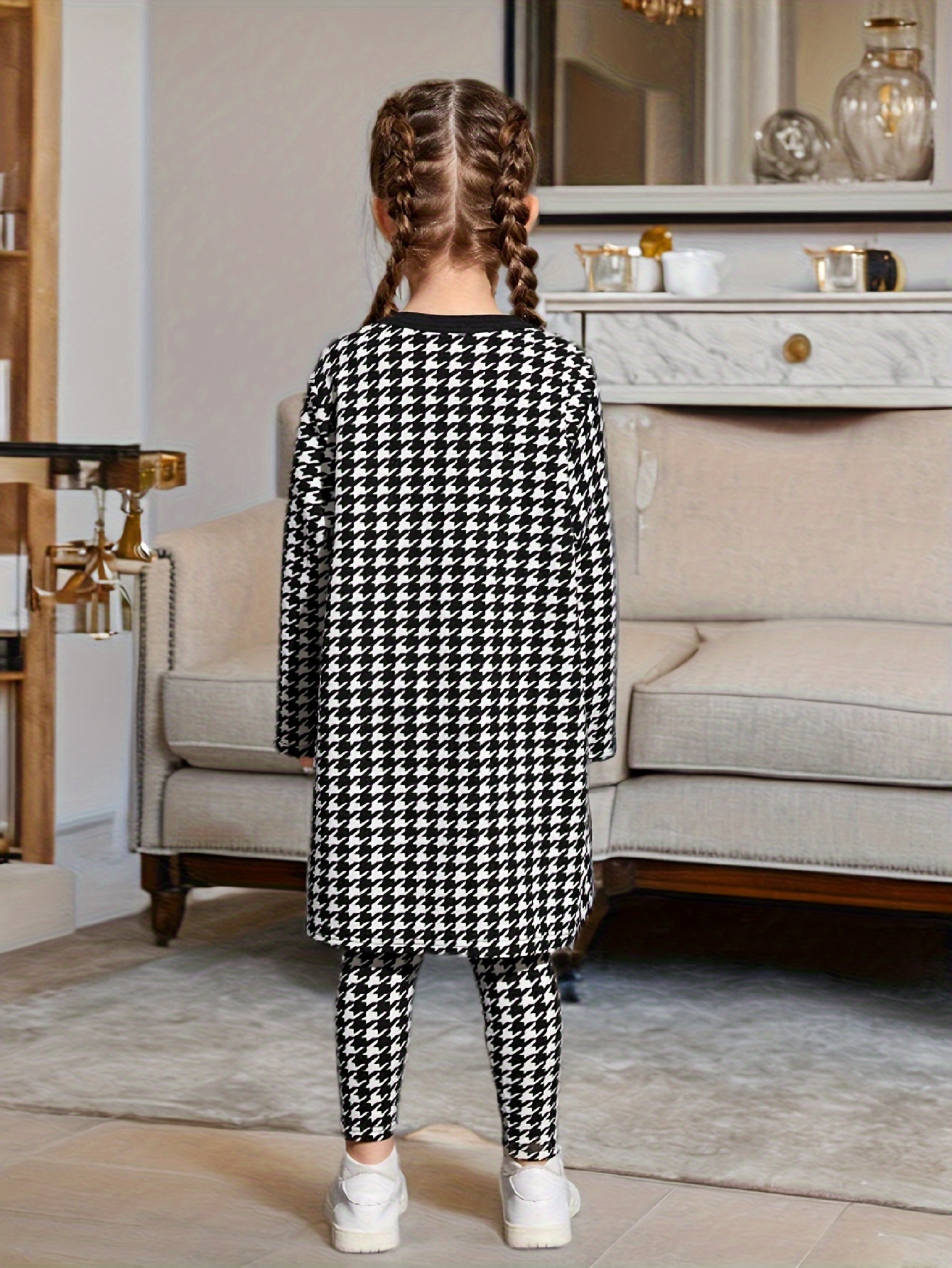Girls Houndstooth Plaid Jacket Cami Leggings 3-Piece Set Fall Winter - 图片 2