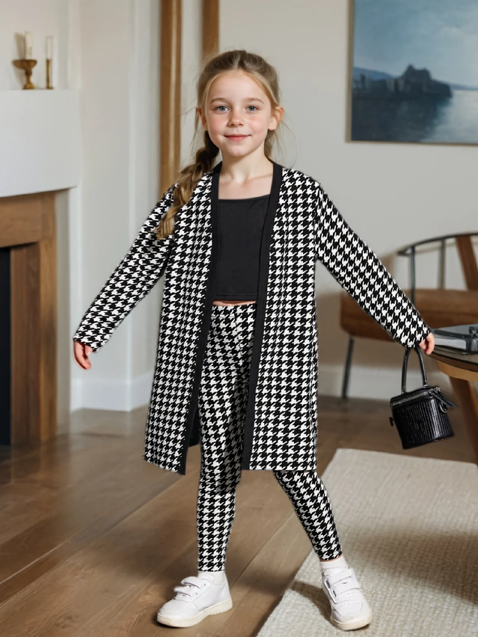 Girls Houndstooth Plaid Jacket Cami Leggings 3-Piece Set Fall Winter