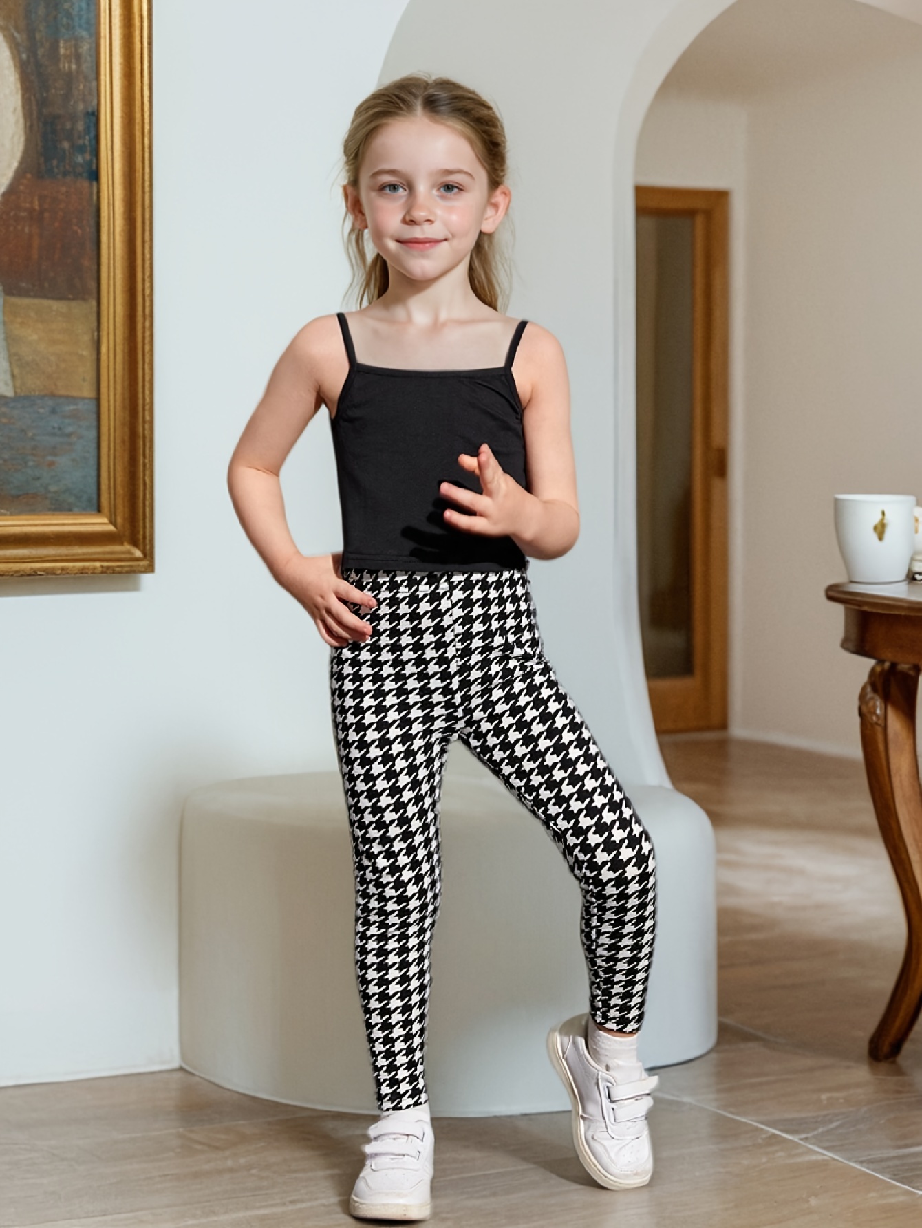 Girls Houndstooth Plaid Jacket Cami Leggings 3-Piece Set Fall Winter - 图片 4