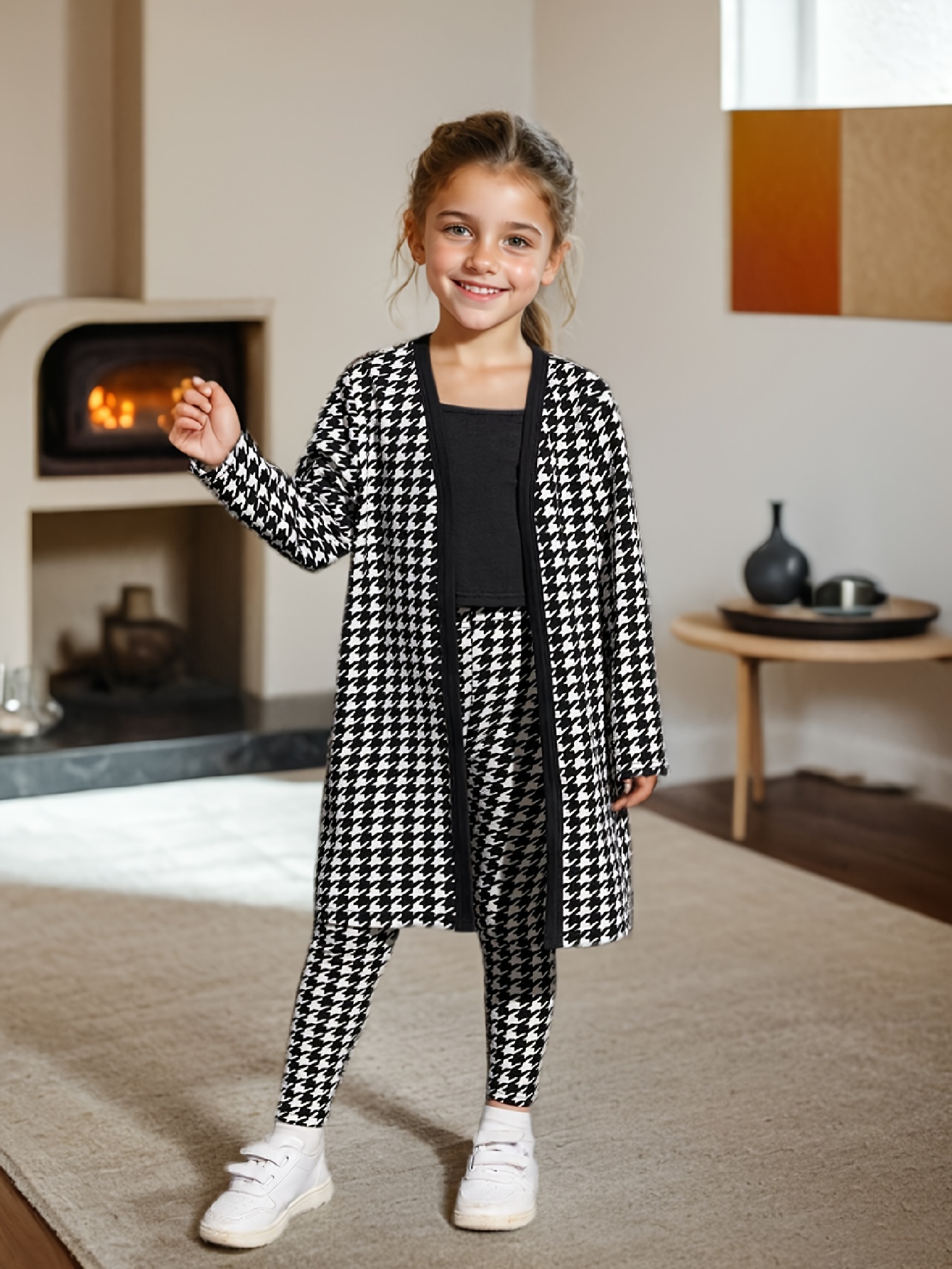 Girls Houndstooth Plaid Jacket Cami Leggings 3-Piece Set Fall Winter - 图片 3