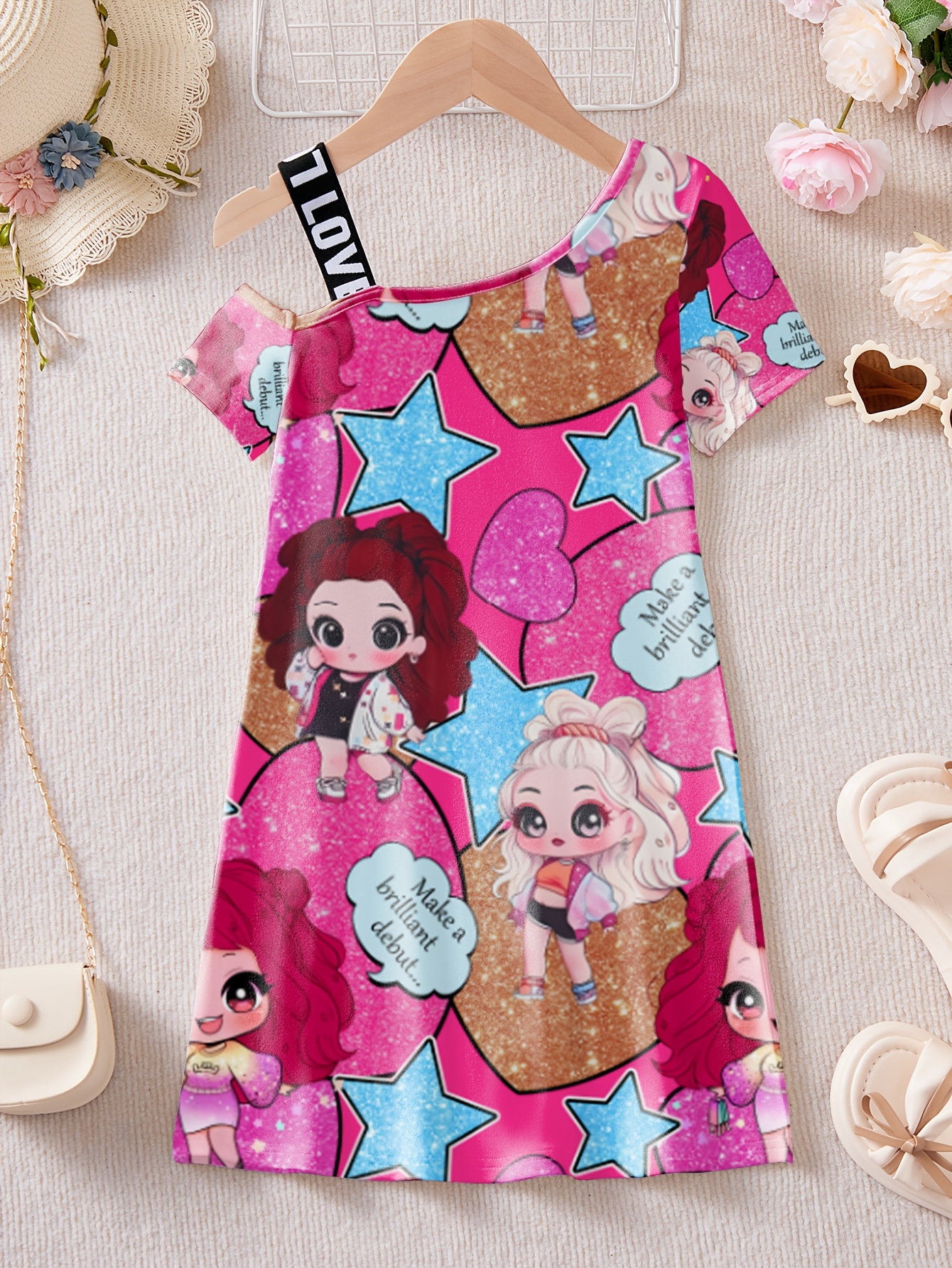 Girls Cartoon Graphic Off Shoulder Dress Spring Summer - 图片 2