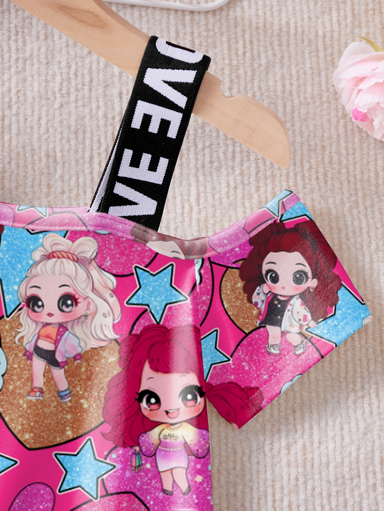 Girls Cartoon Graphic Off Shoulder Dress Spring Summer - 图片 3