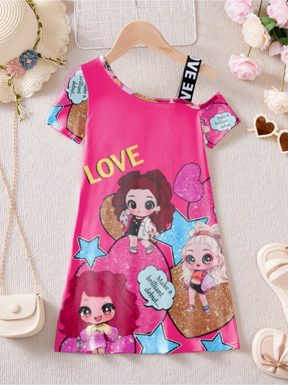 Girls Cartoon Graphic Off Shoulder Dress Spring Summer