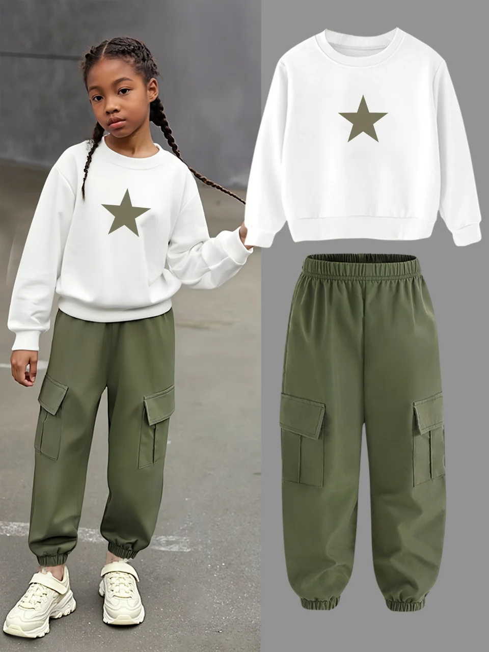 Girls Solid Utility Sweatshirt Cargo Pants 2-Piece Set Fall