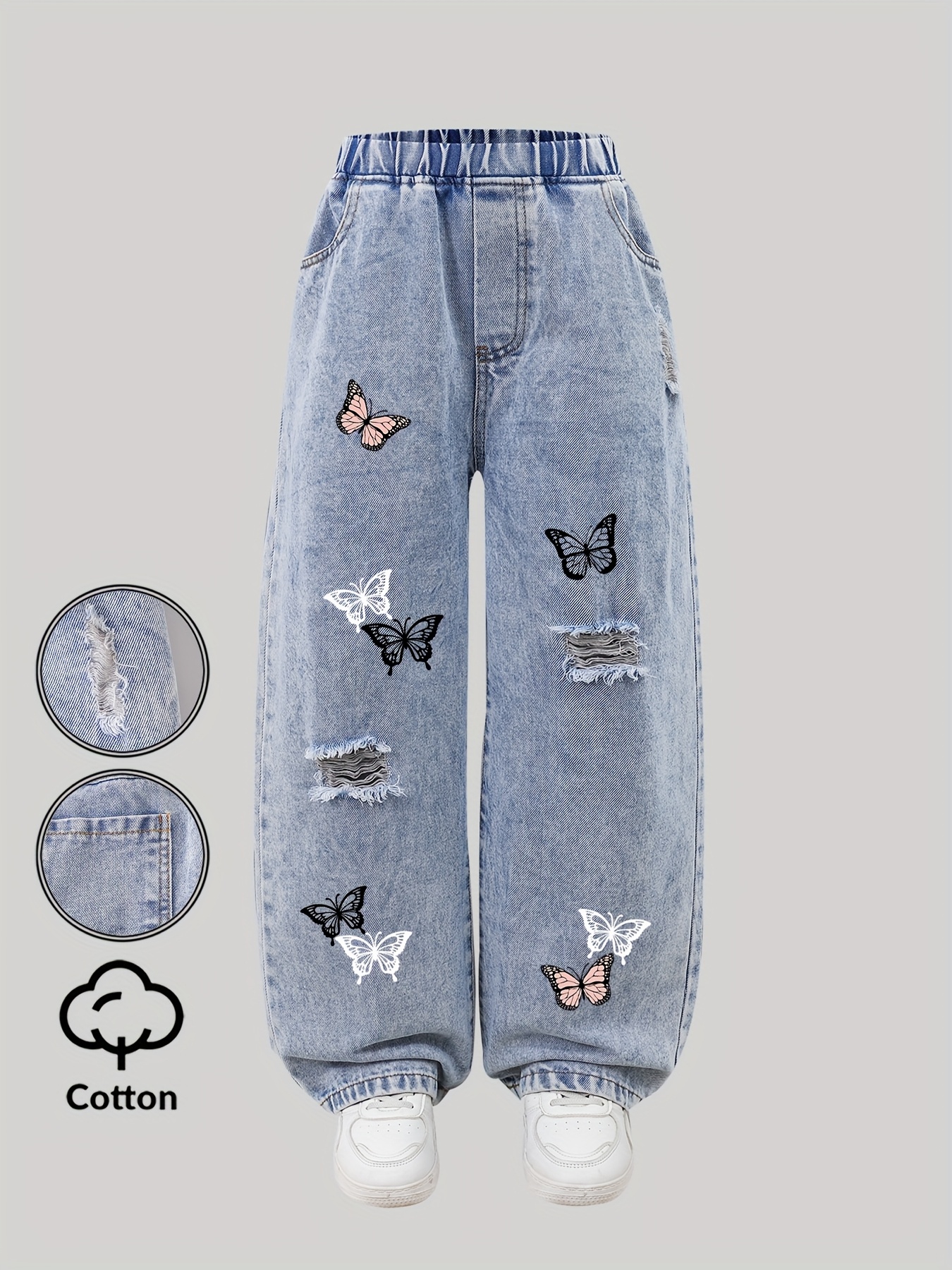 Girls Y2K Butterfly Print Distressed Cargo Jeans All Season - 图片 6