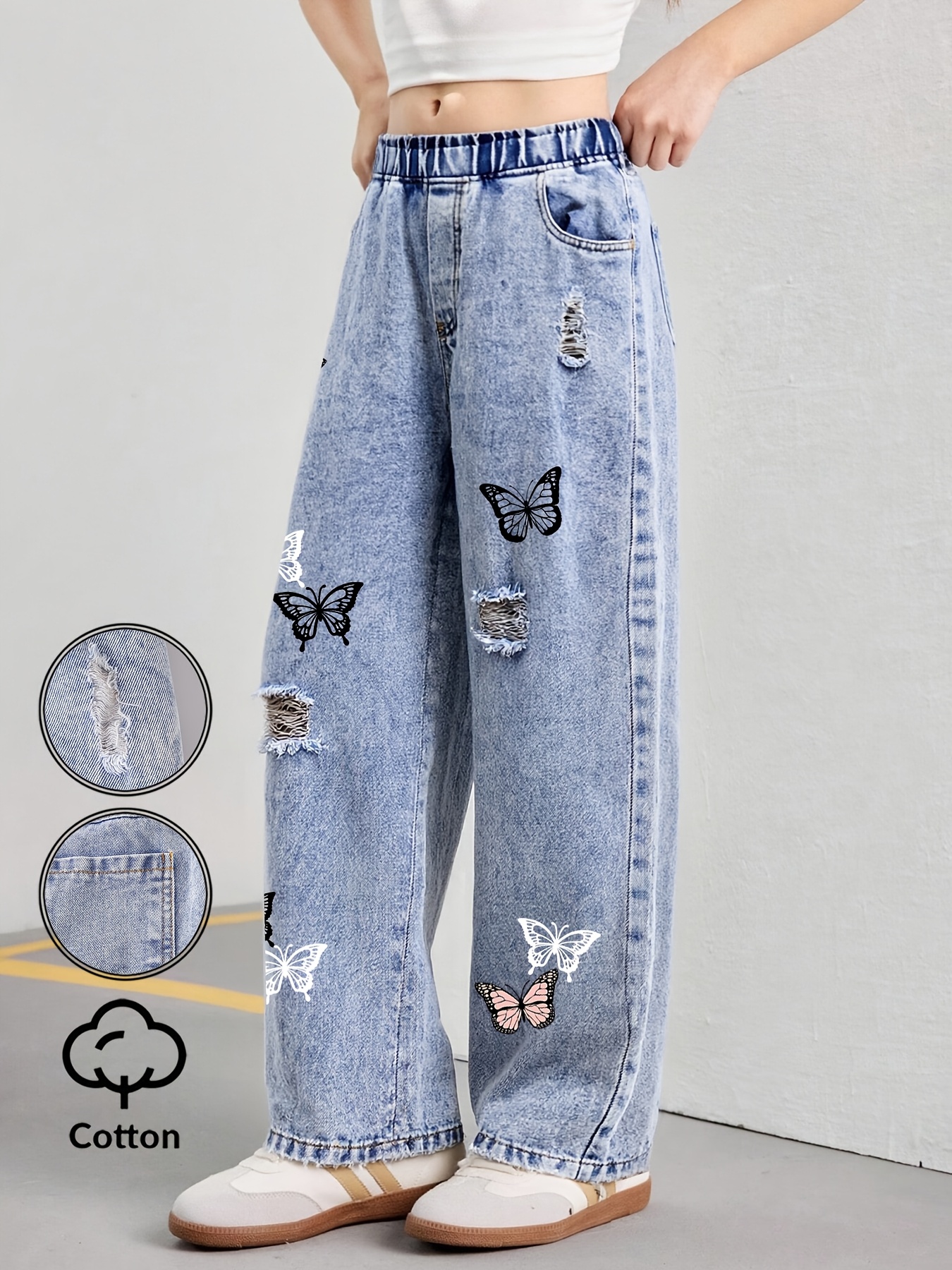 Girls Y2K Butterfly Print Distressed Cargo Jeans All Season - 图片 4