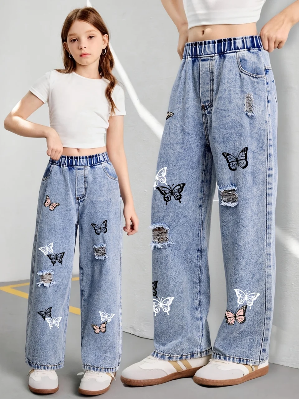 Girls Y2K Butterfly Print Distressed Cargo Jeans All Season