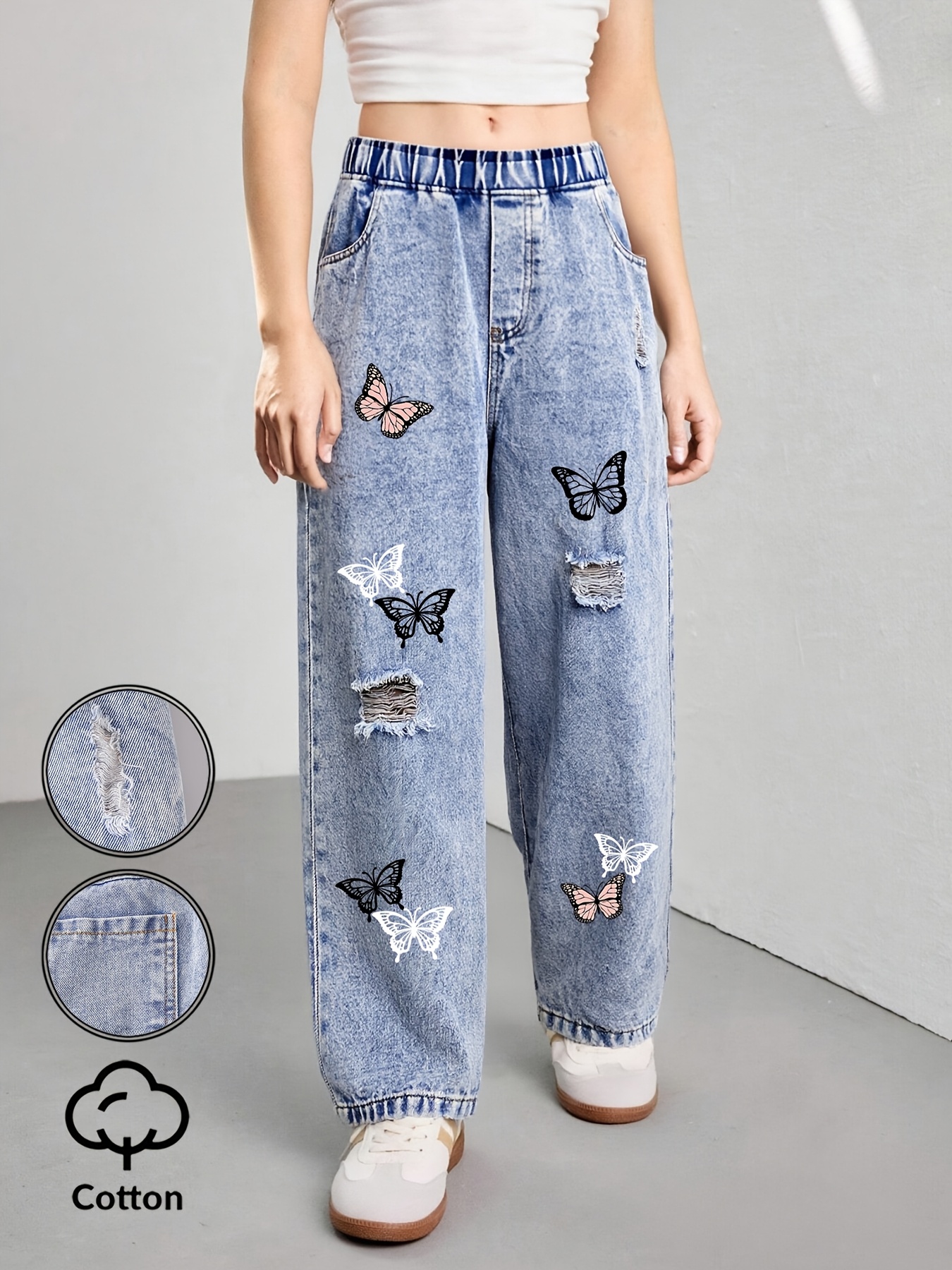 Girls Y2K Butterfly Print Distressed Cargo Jeans All Season - 图片 5