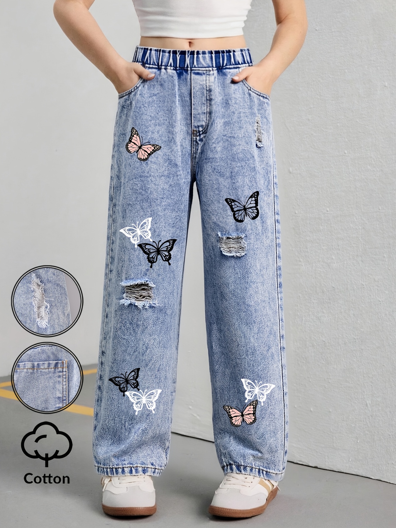 Girls Y2K Butterfly Print Distressed Cargo Jeans All Season - 图片 3