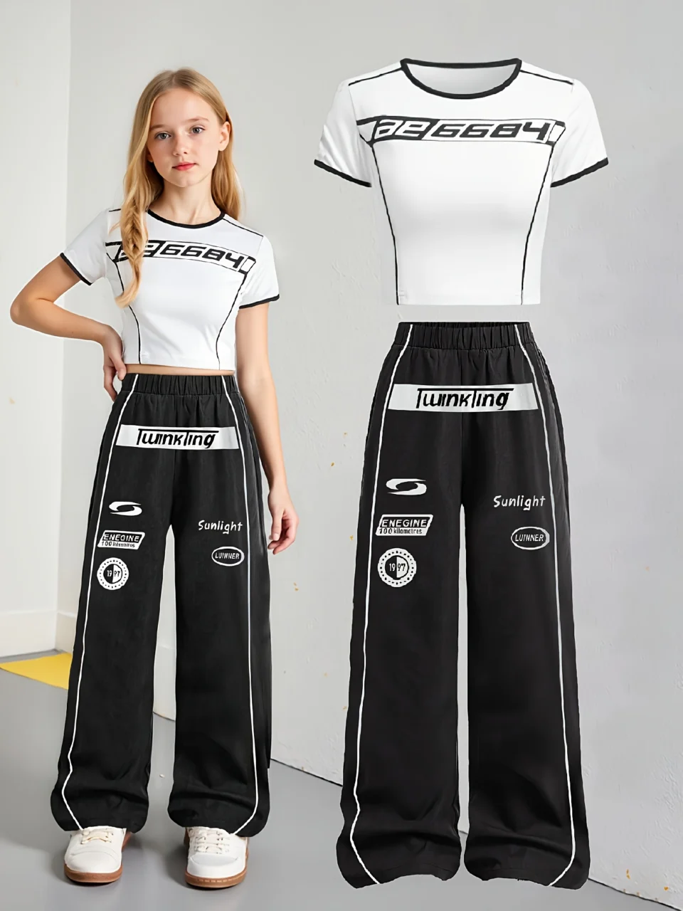 Girls Y2K Graphic T-Shirt Wide Leg Cargo Pants 2-Piece Set Spring Summer
