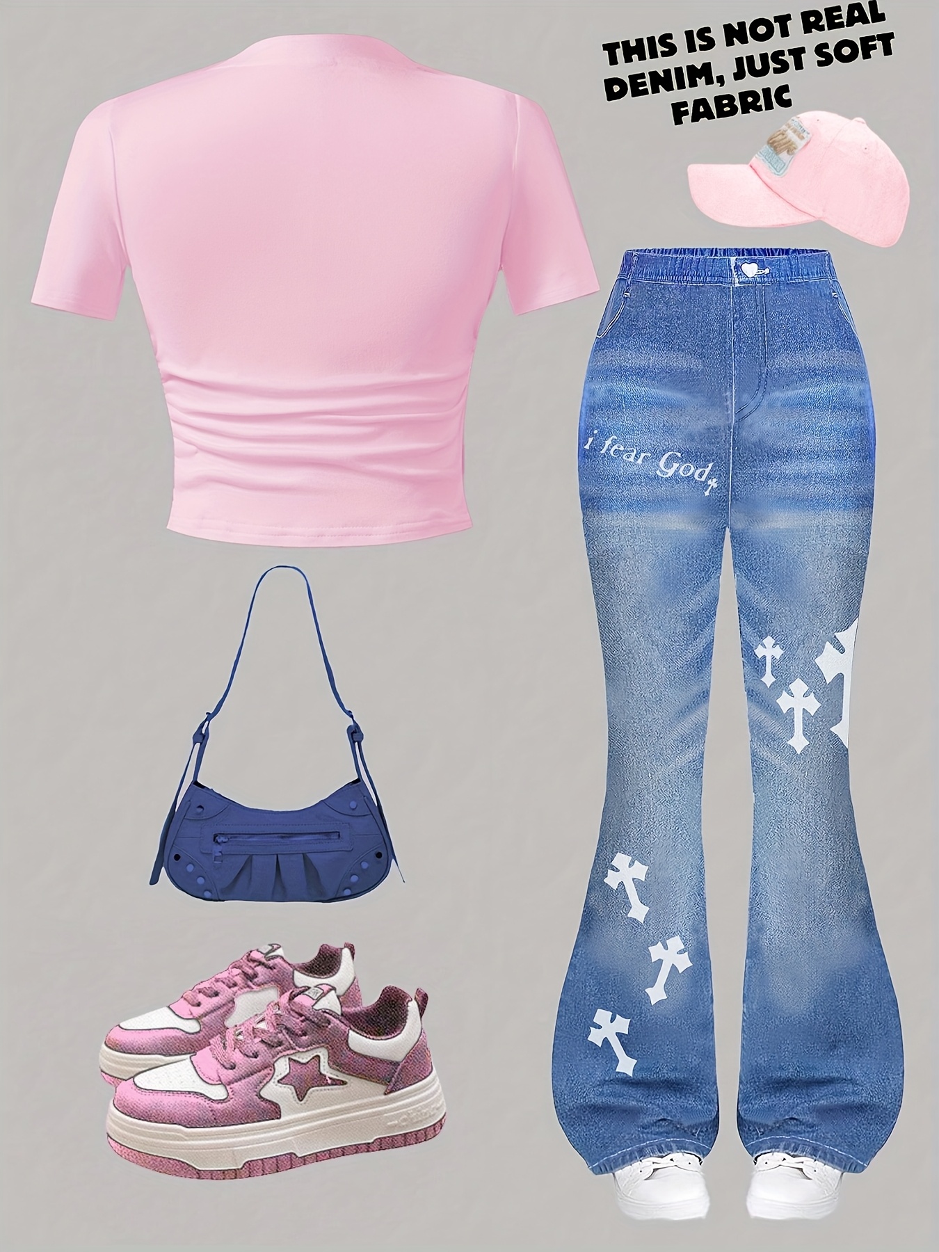 Teen Girls Y2K Graphic Pink T-Shirt Flare Jeans Set Spring Summer Outfit - 图片 5